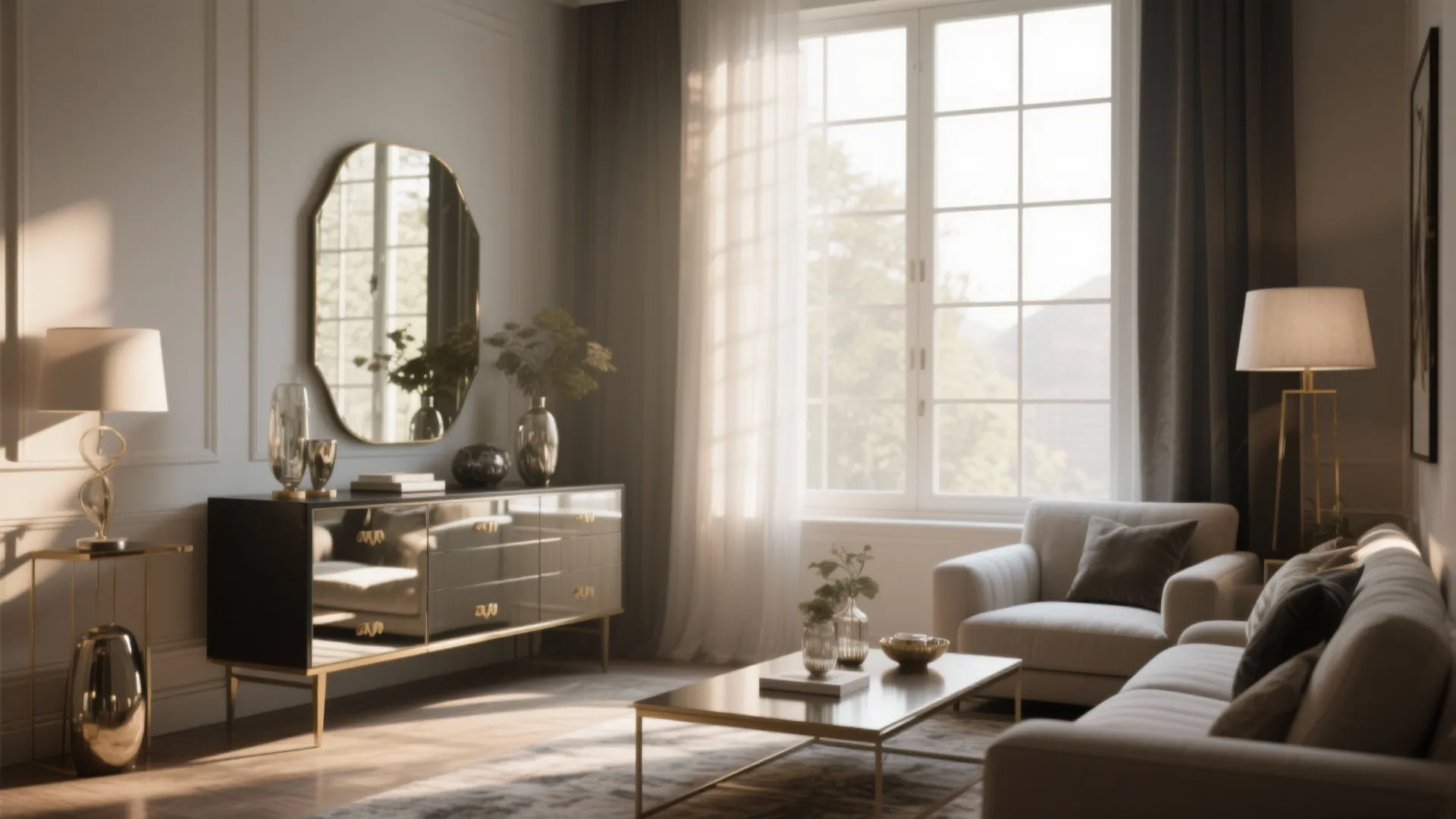Mirrored dresser enhancing light in a chic living room