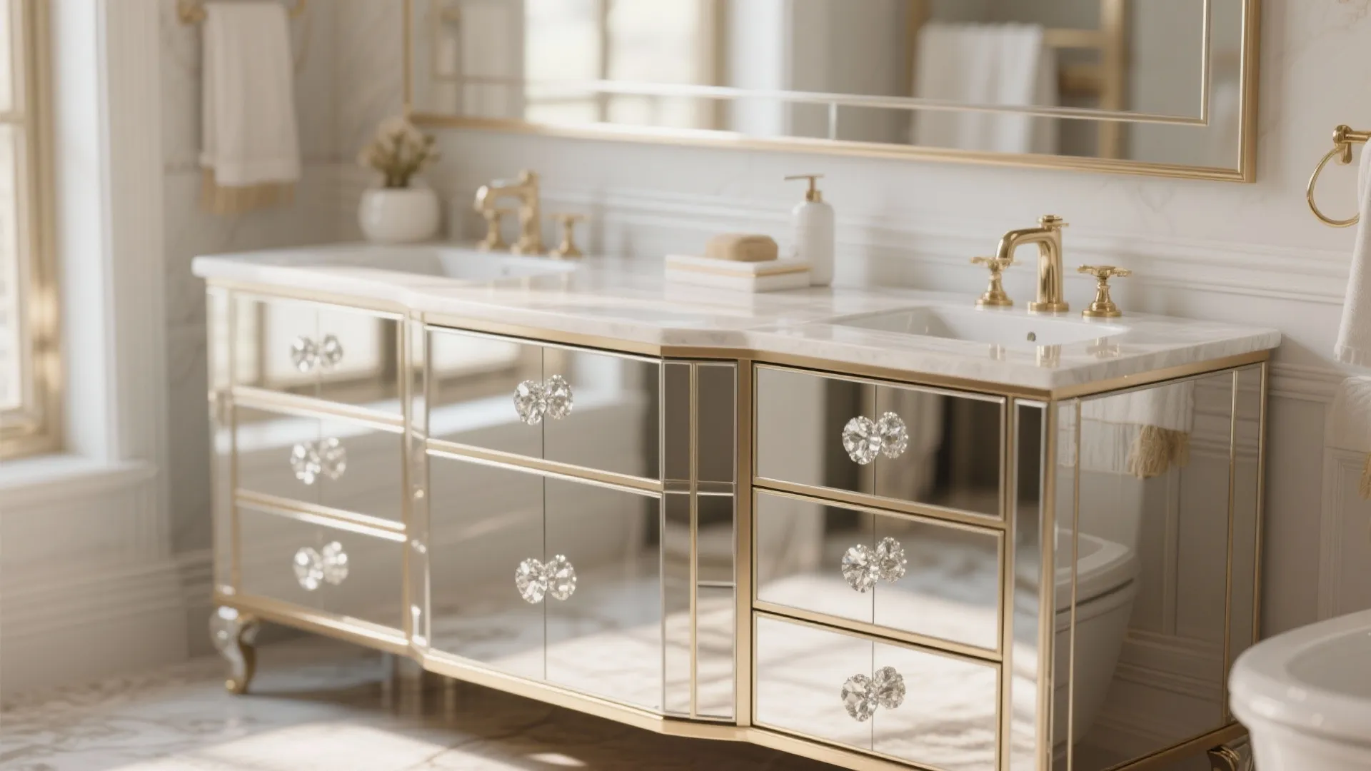 Luxury bathroom double sinks with mirrored cabinet and gold faucets plus elegant crystal drawer handles