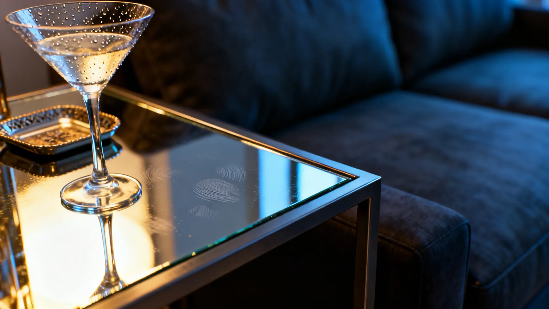 Mirrored side table with a glass and visible fingerprints placed next to a dark sofa