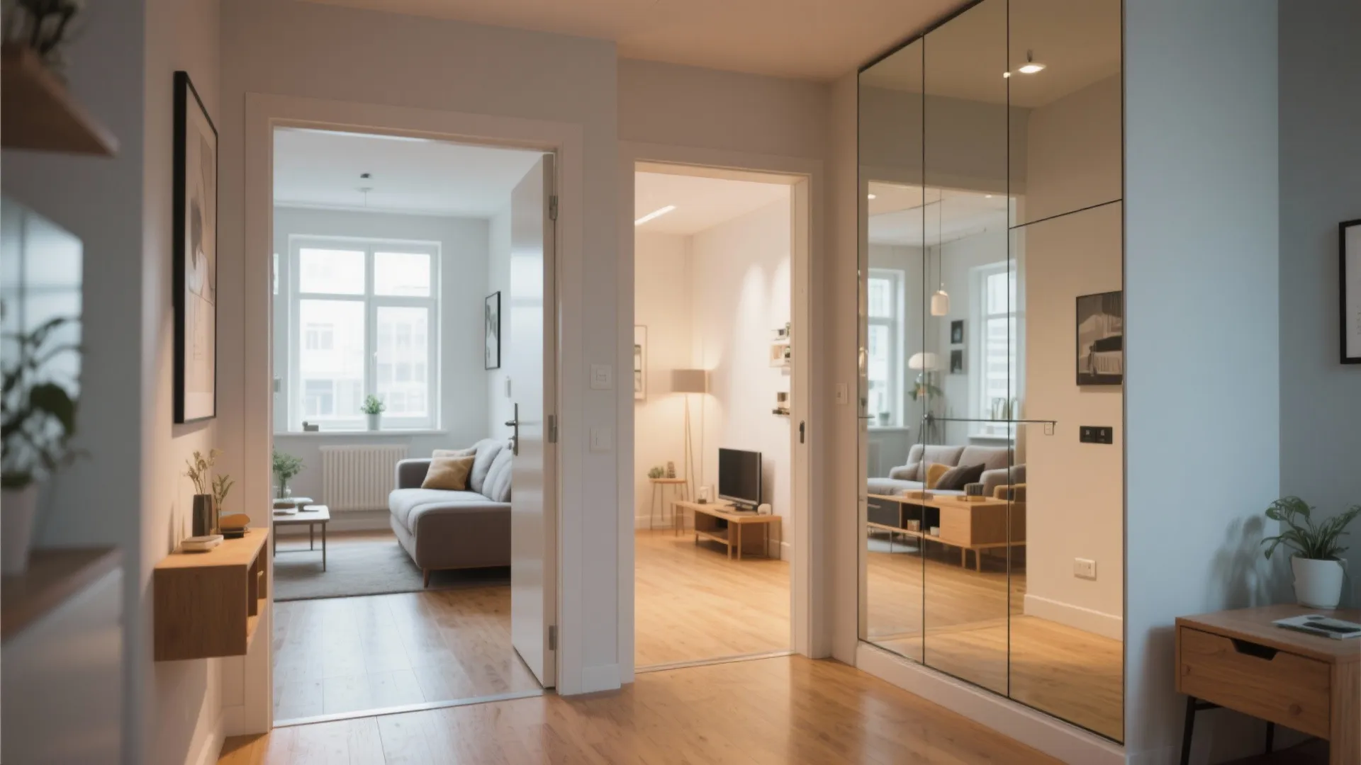 Small entryway wall covered in a full-length mirror