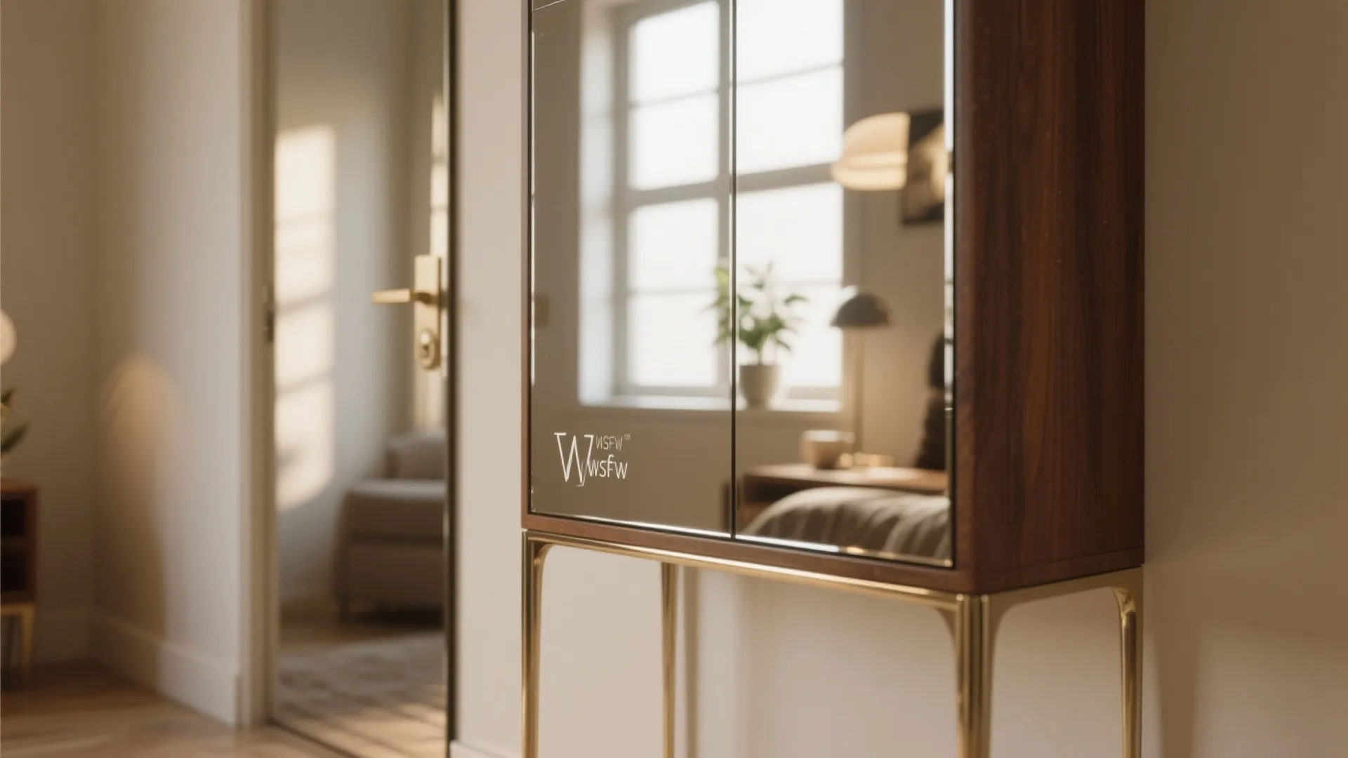 Modern wooden cabinet with mirrored doors on gold metal legs in a bright bedroom setting