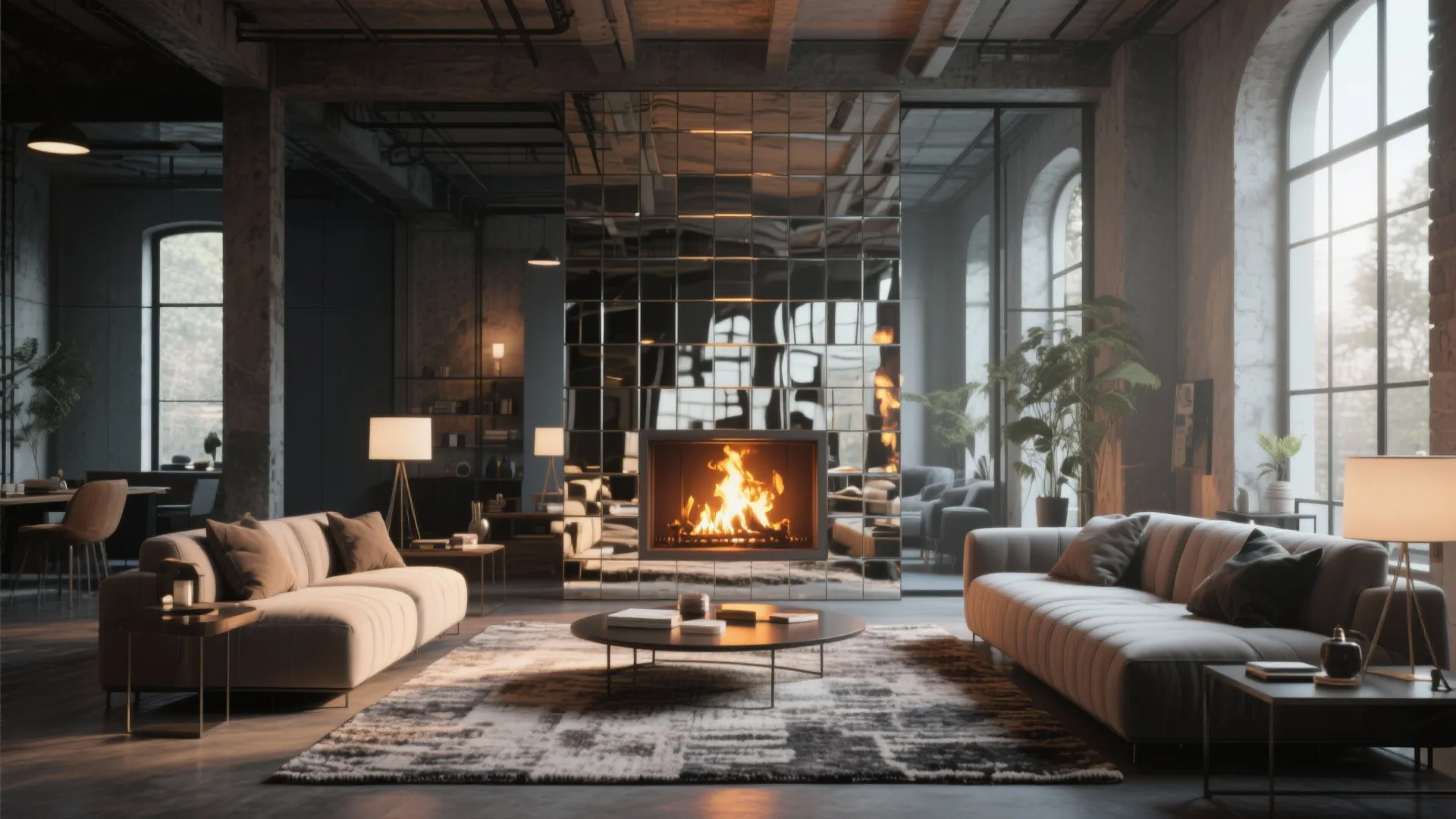 Modern loft fireplace with mirrored tile surround