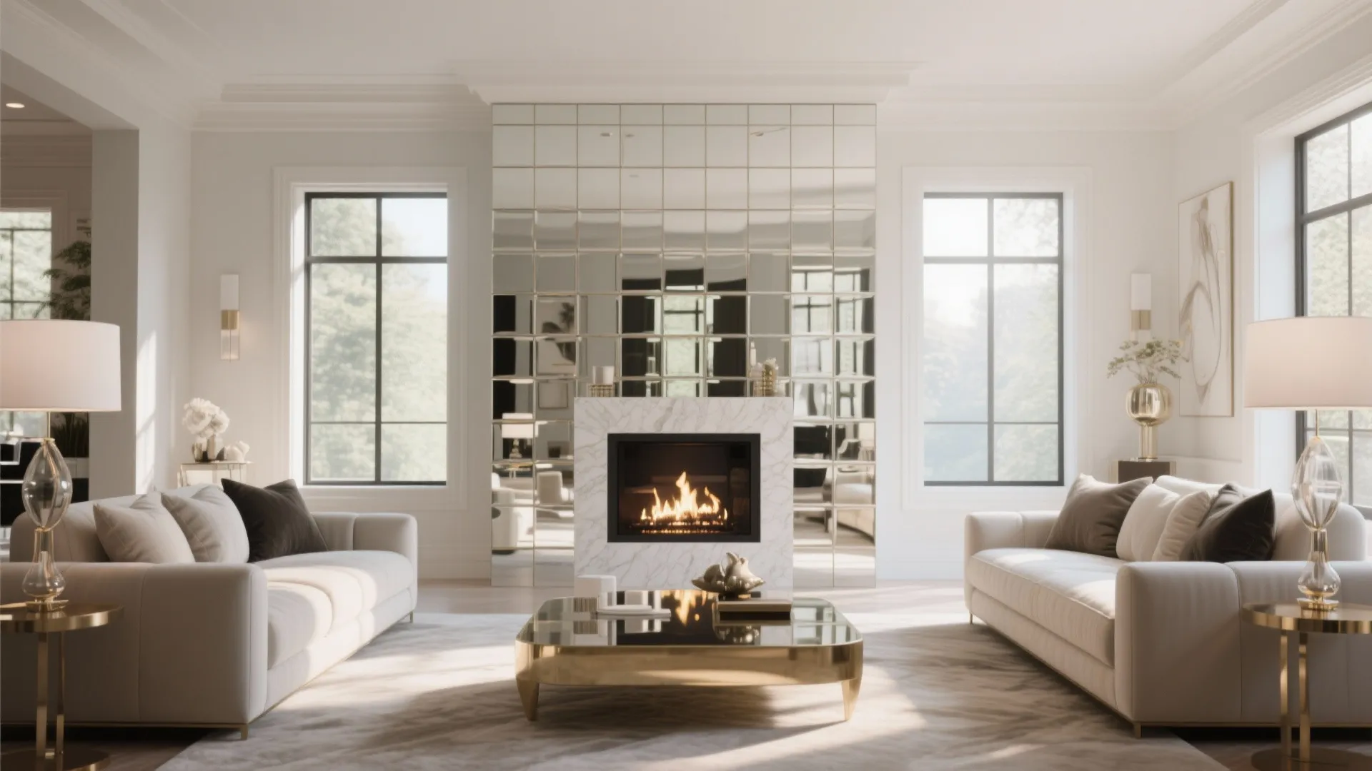 Living room with mirrored fireplace surround