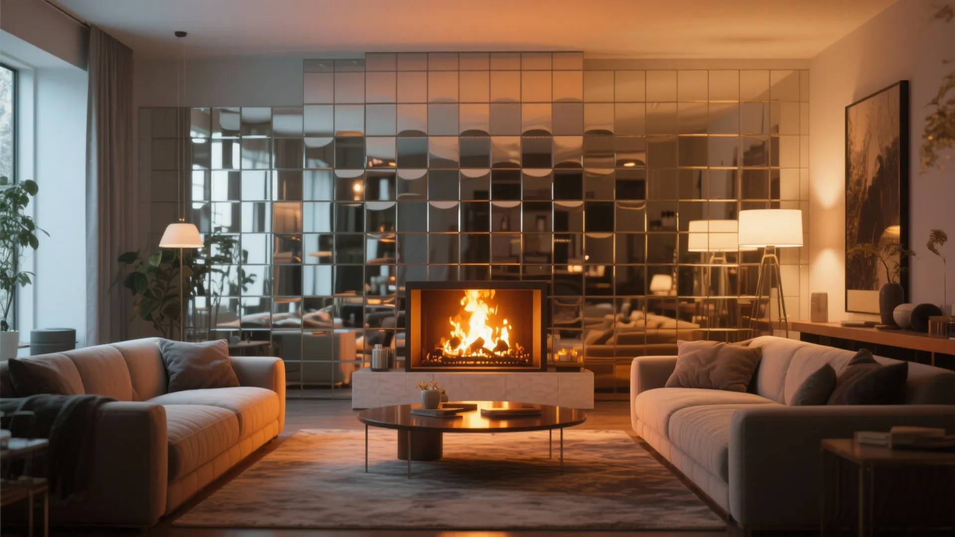 Living room with mirrored fireplace surround