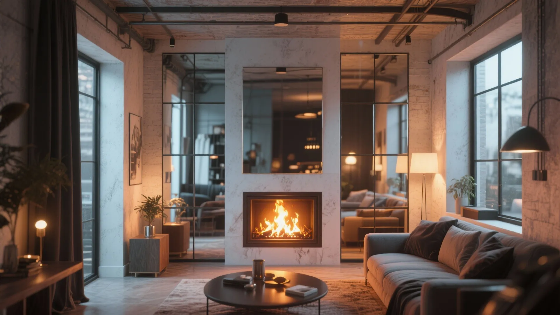 Living room with marble fireplace large mirrors grey sofa coffee table and warm floor lamps