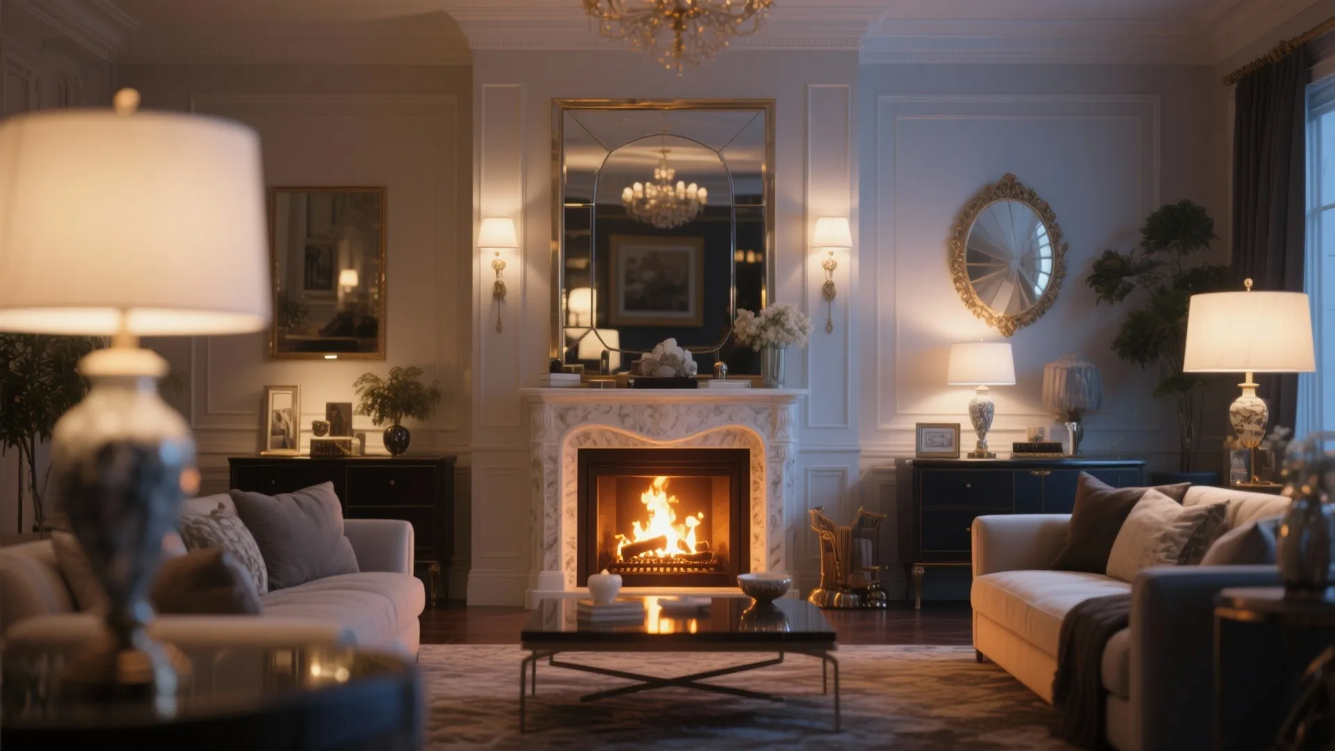 Living room with mirrored fireplace surround reflecting warm firelight.