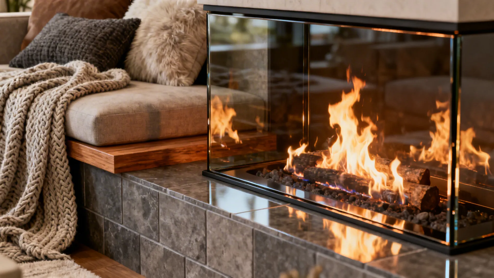 Mirrored fireplace surround reflecting warm flames and creating layered cozy ambience.