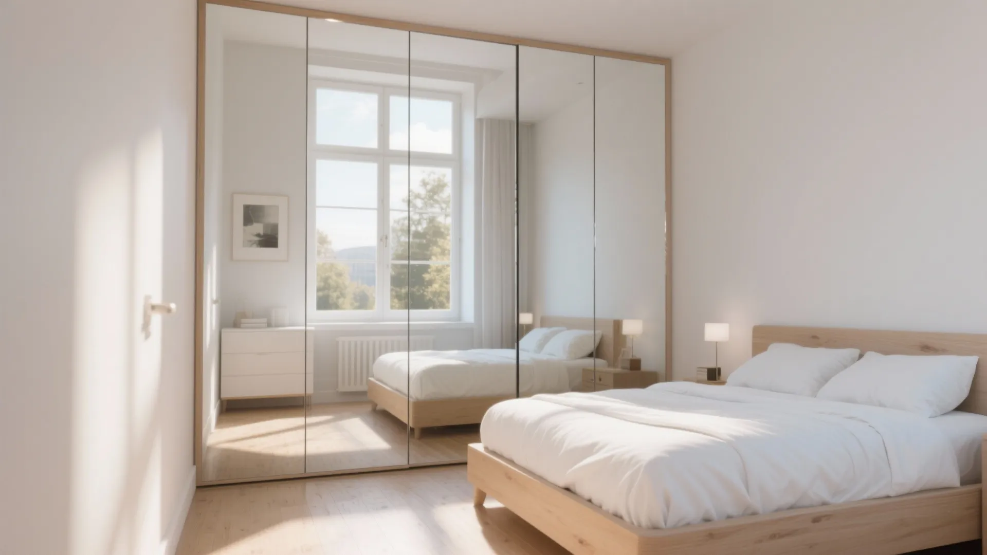 Bright bedroom design with large floor to ceiling mirrored closet doors reflecting the tidy bed