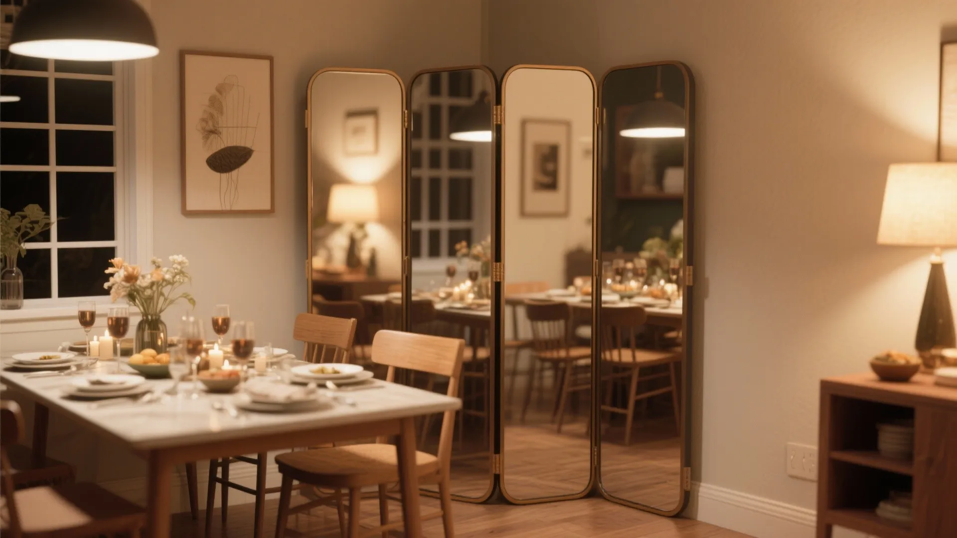 Dining room interior design drawing featuring a folding mirror screen behind a set dining table
