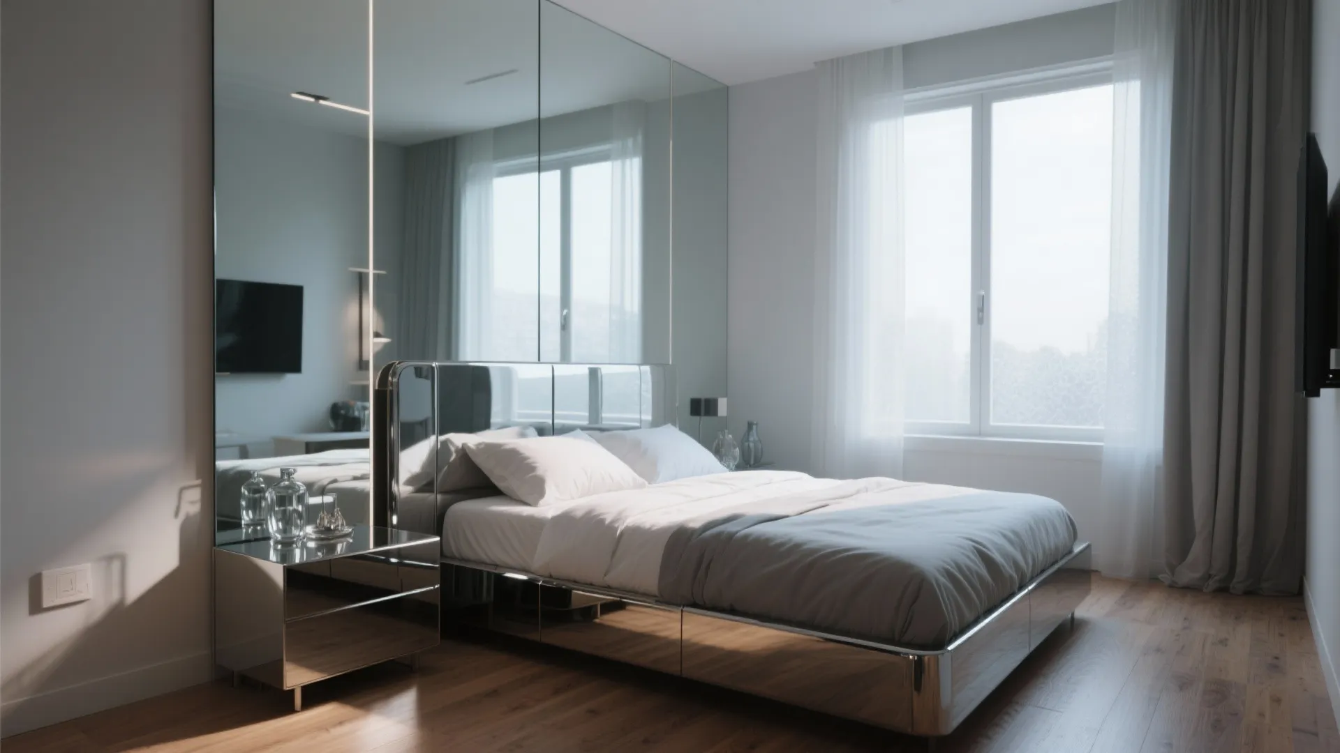 Modern bedroom with mirrored wall, chrome bed frame, white bedding, large window, and wood floor