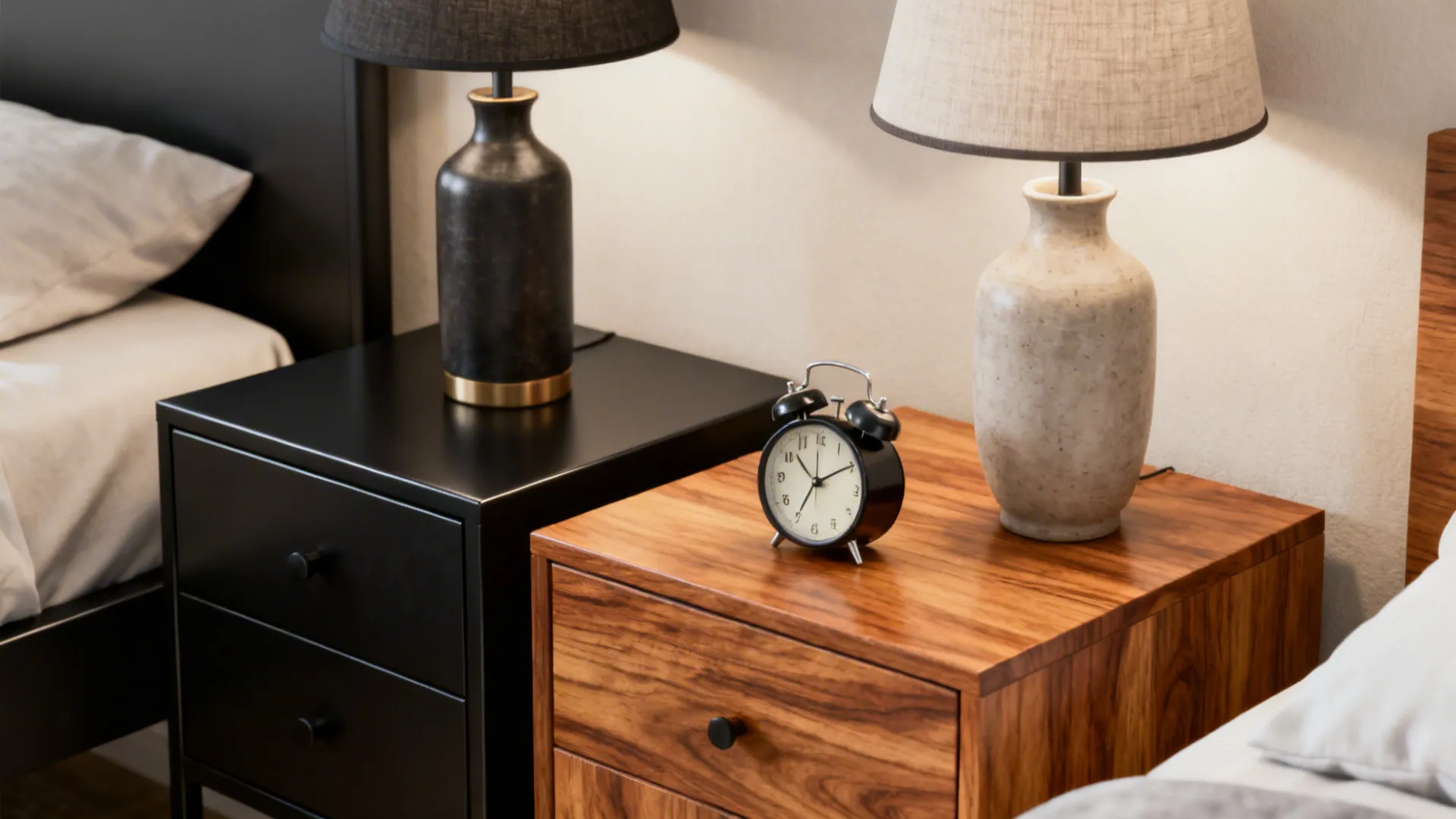 Close-up of two matching bedside tables with different finishes: matte metal and warm wood, showing material detail.