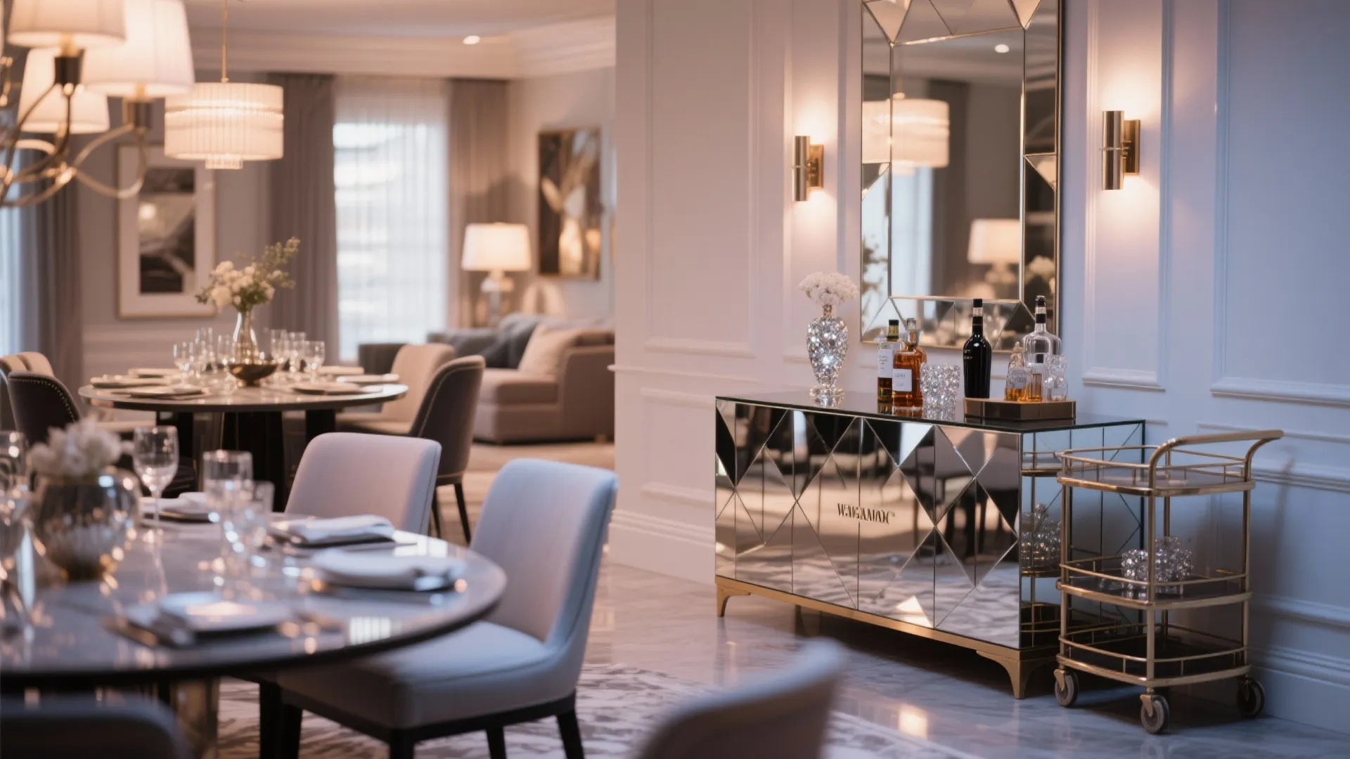 Mirrored sideboard and bar cart adding sparkle to dining