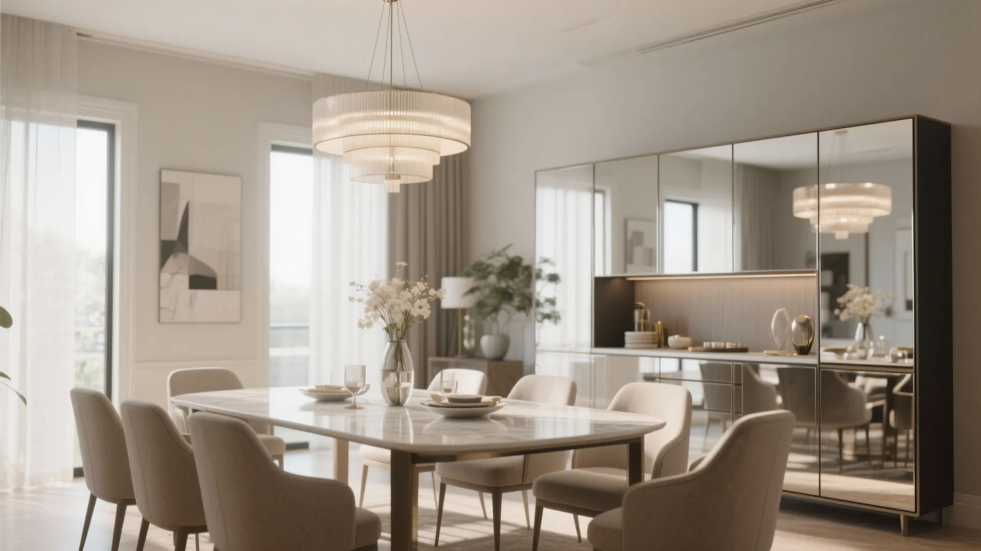 Modern dining room with marble table beige chairs ceiling light and a large mirrored storage cabinet