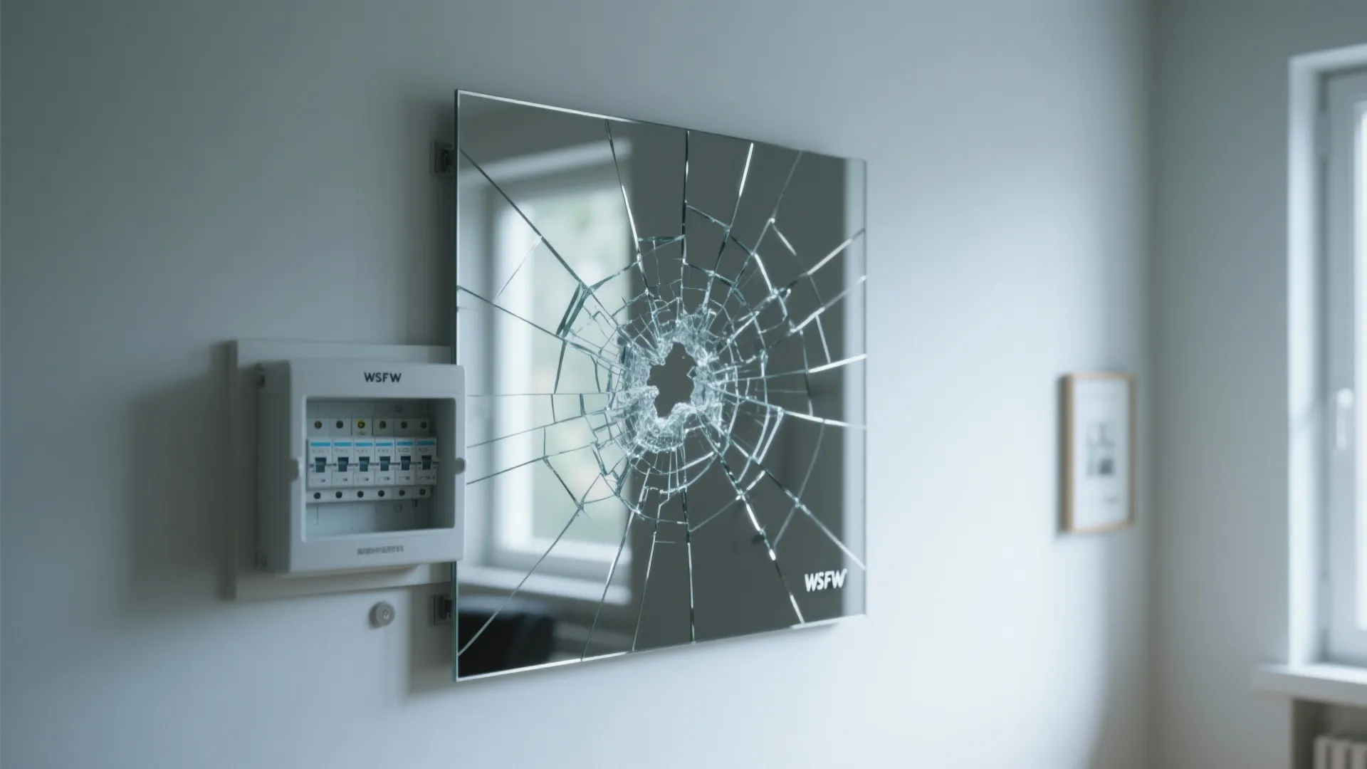 Shatterproof mirror cover hiding a fuse box