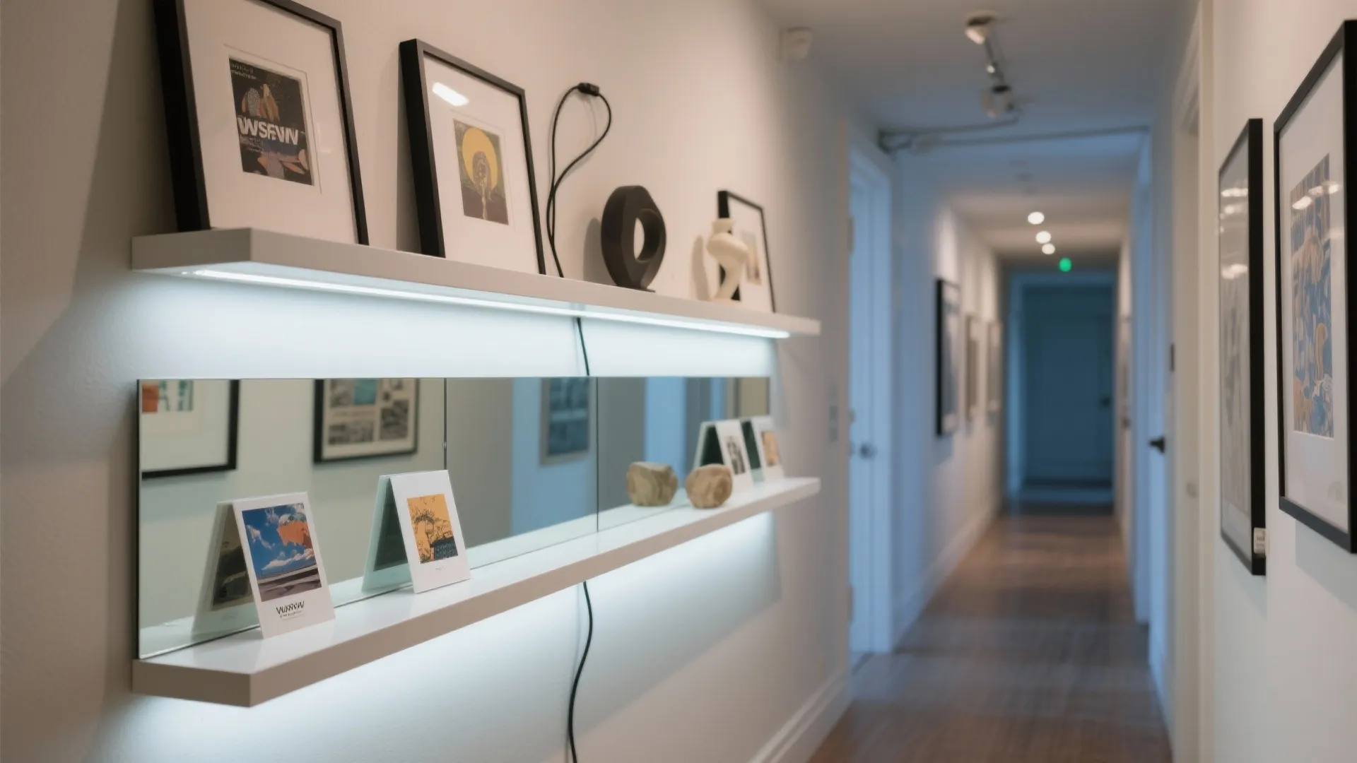 Mirrored Gallery Shelves with Lighting Accents