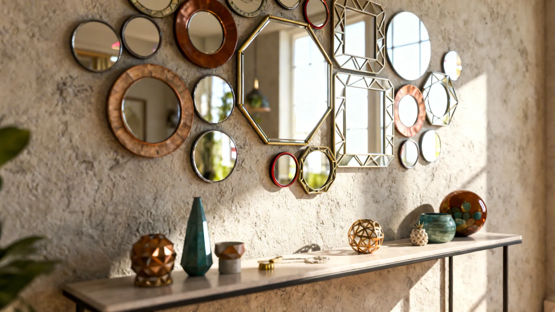 Textured wall featuring various small round mirrors and geometric mirrors over a table with vases