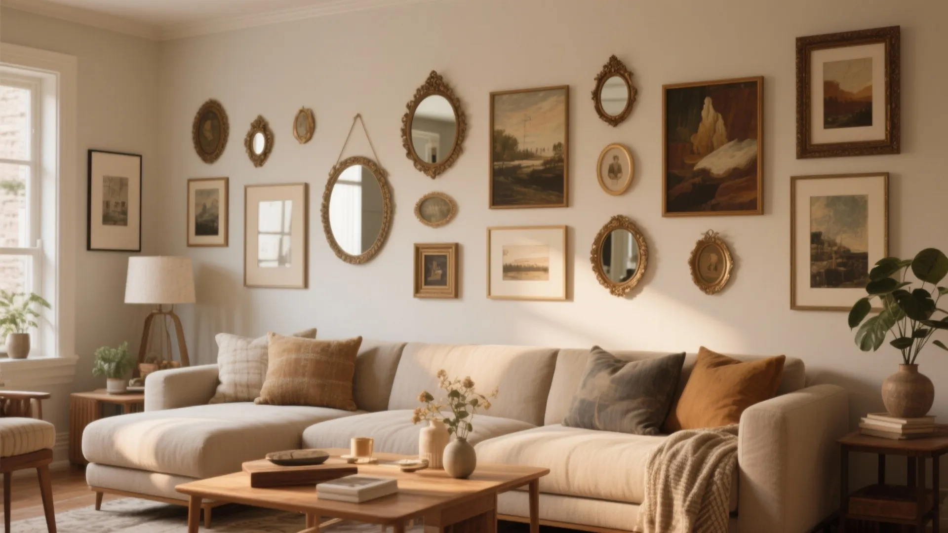 Eclectic living room with gallery wall mixing mirrors and art