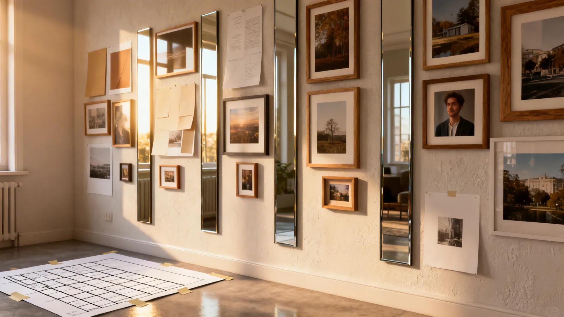 Gallery wall with framed prints and a slim floor mirror integrated into the layout