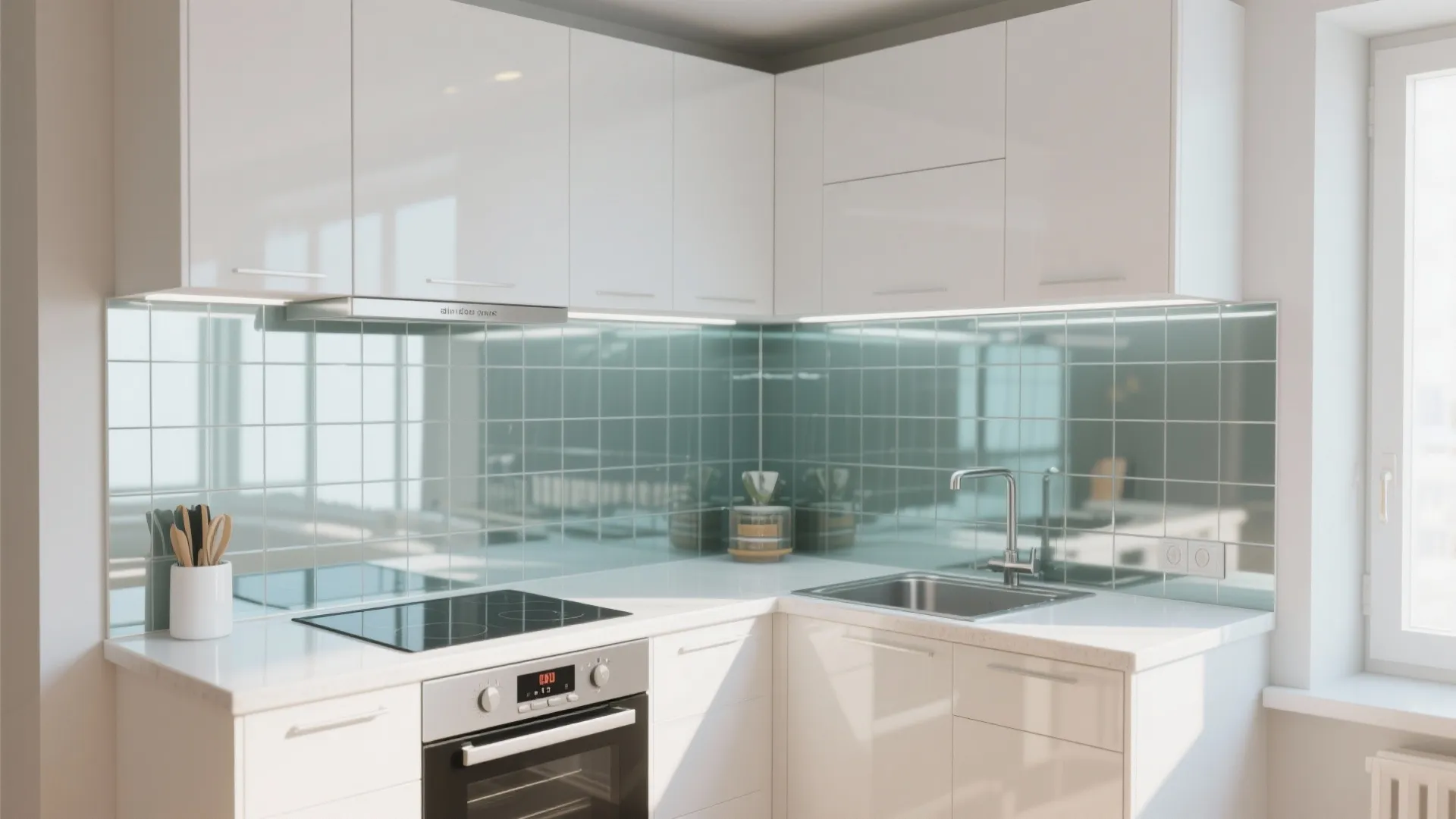 Clean white kitchen design with light blue glass tiles silver sink oven and bright window