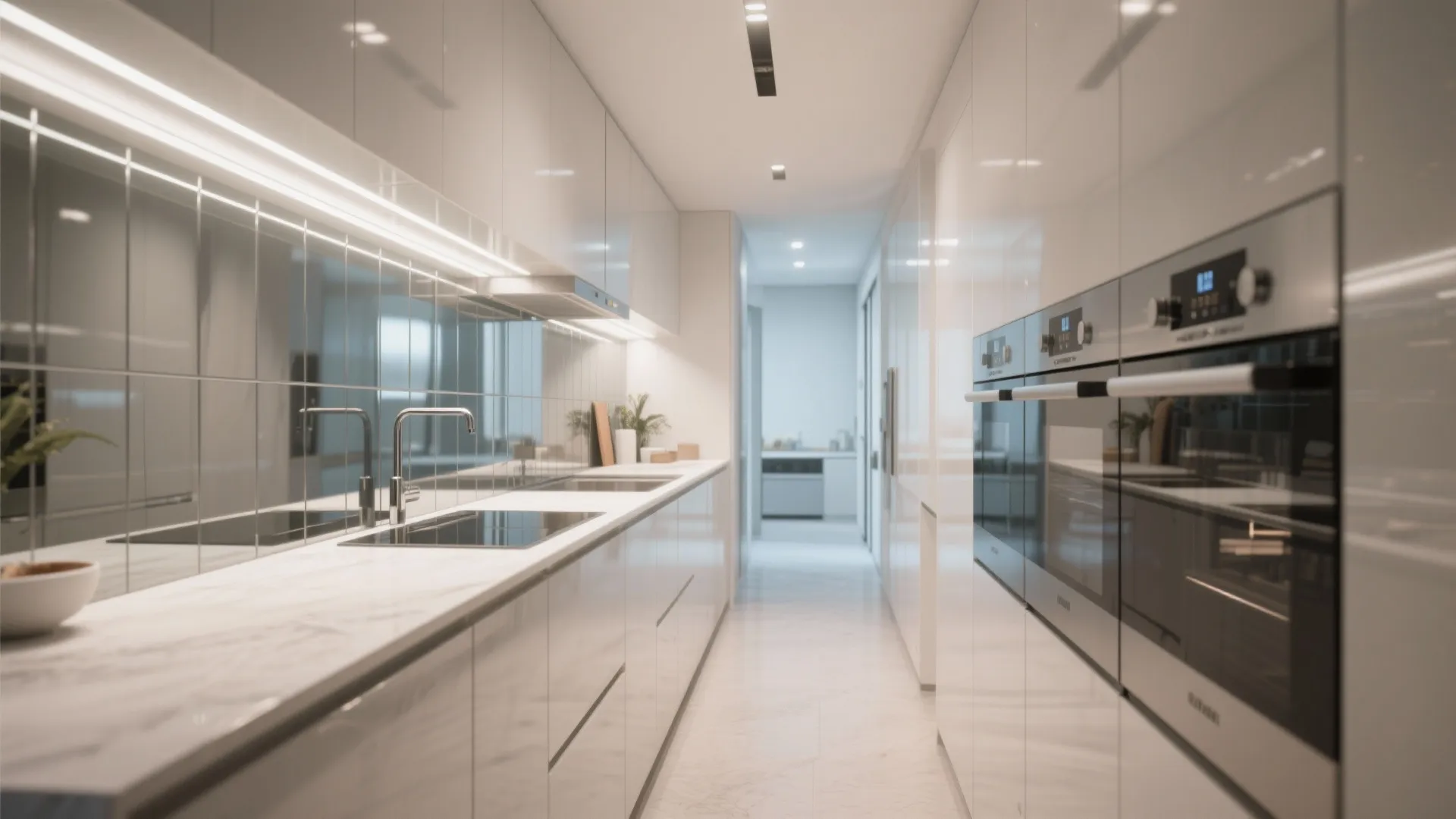 Narrow white kitchen with mirror wall tiles, white cabinets, built-in ovens, sink, and marble countertop