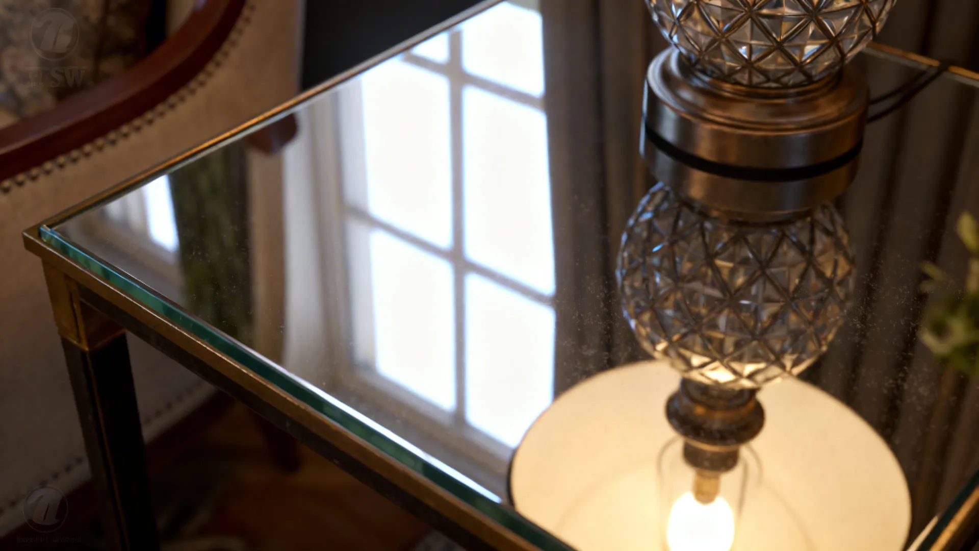 Close-up of a mirrored glass end table amplifying light and reflecting decor.