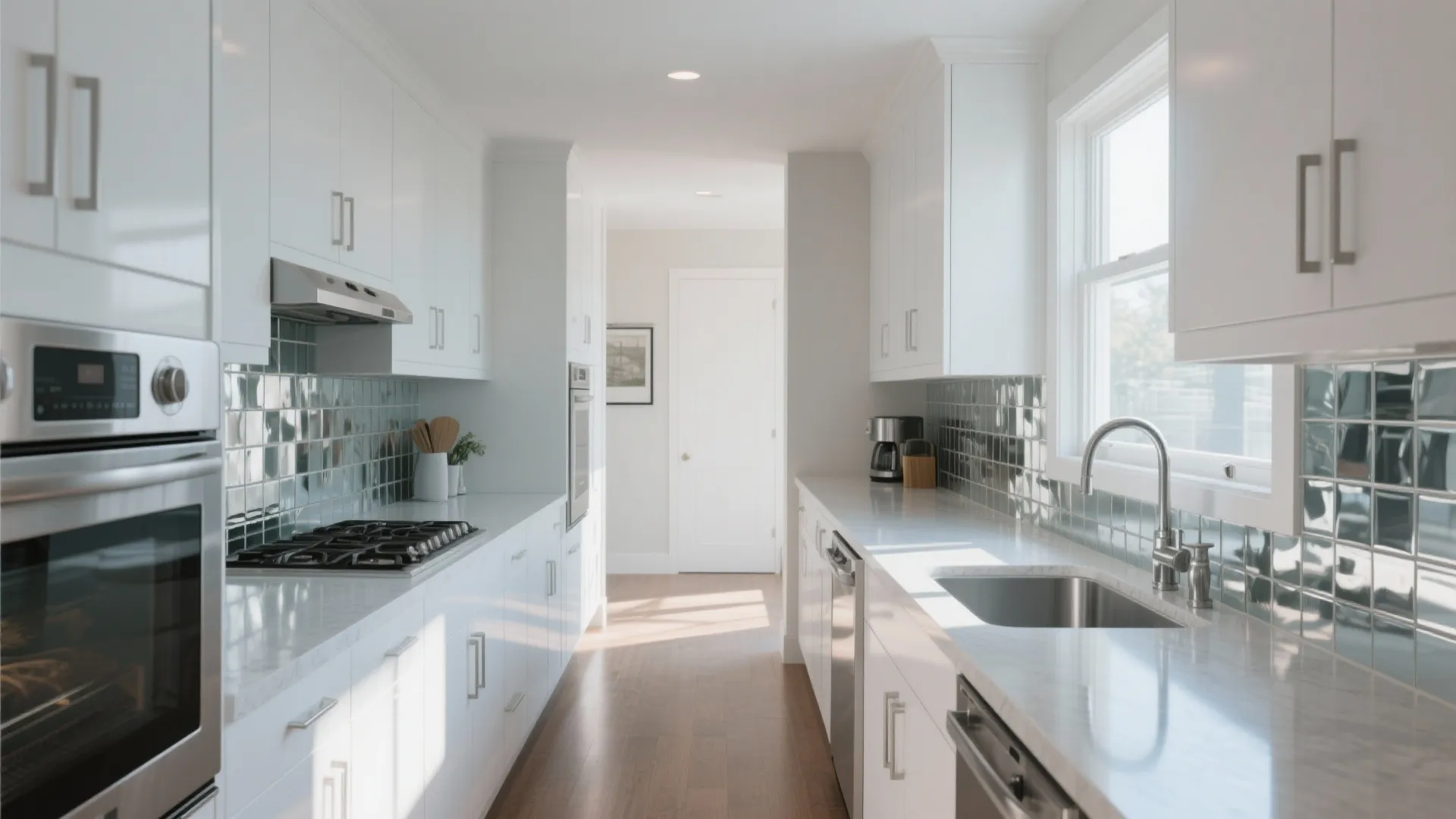 Mirrored glass backsplash reflecting kitchen light and space