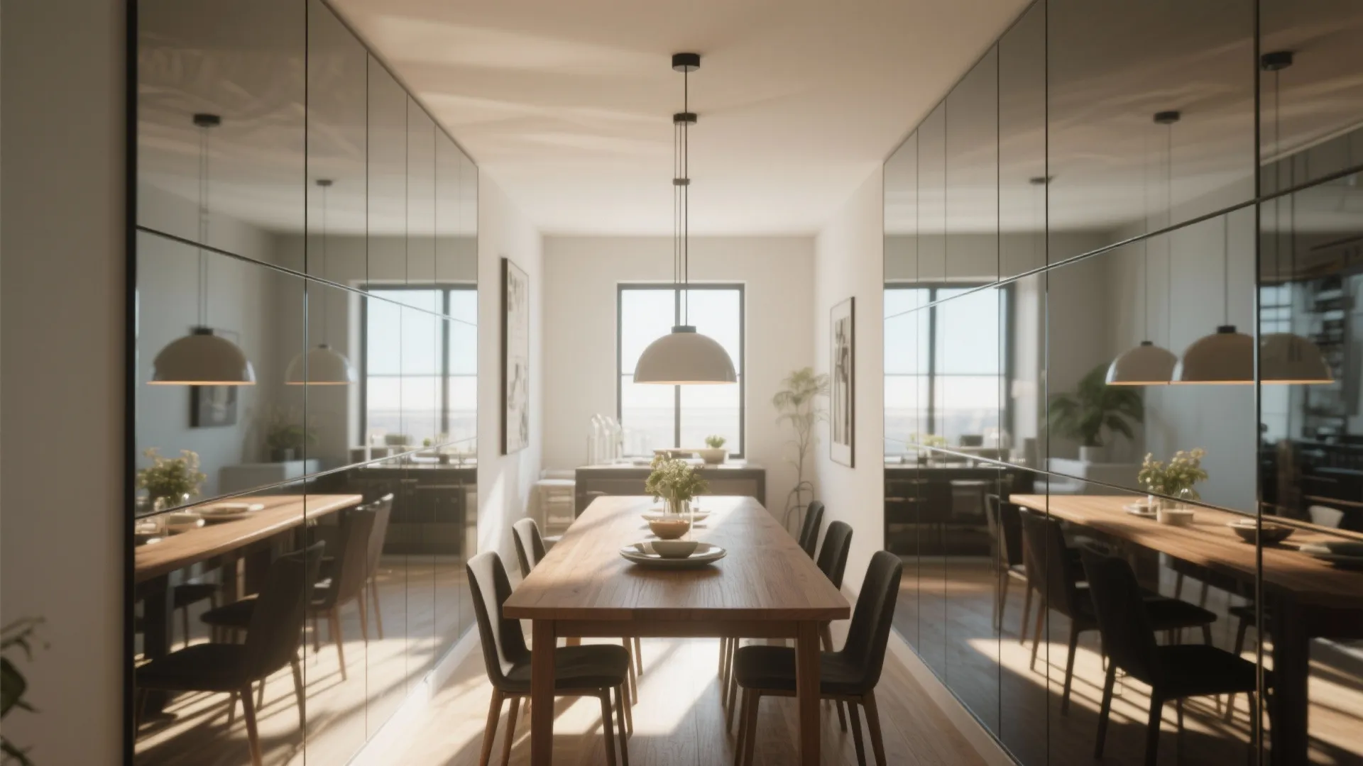 Dining room with long wooden table and black chairs between two large mirrored glass walls