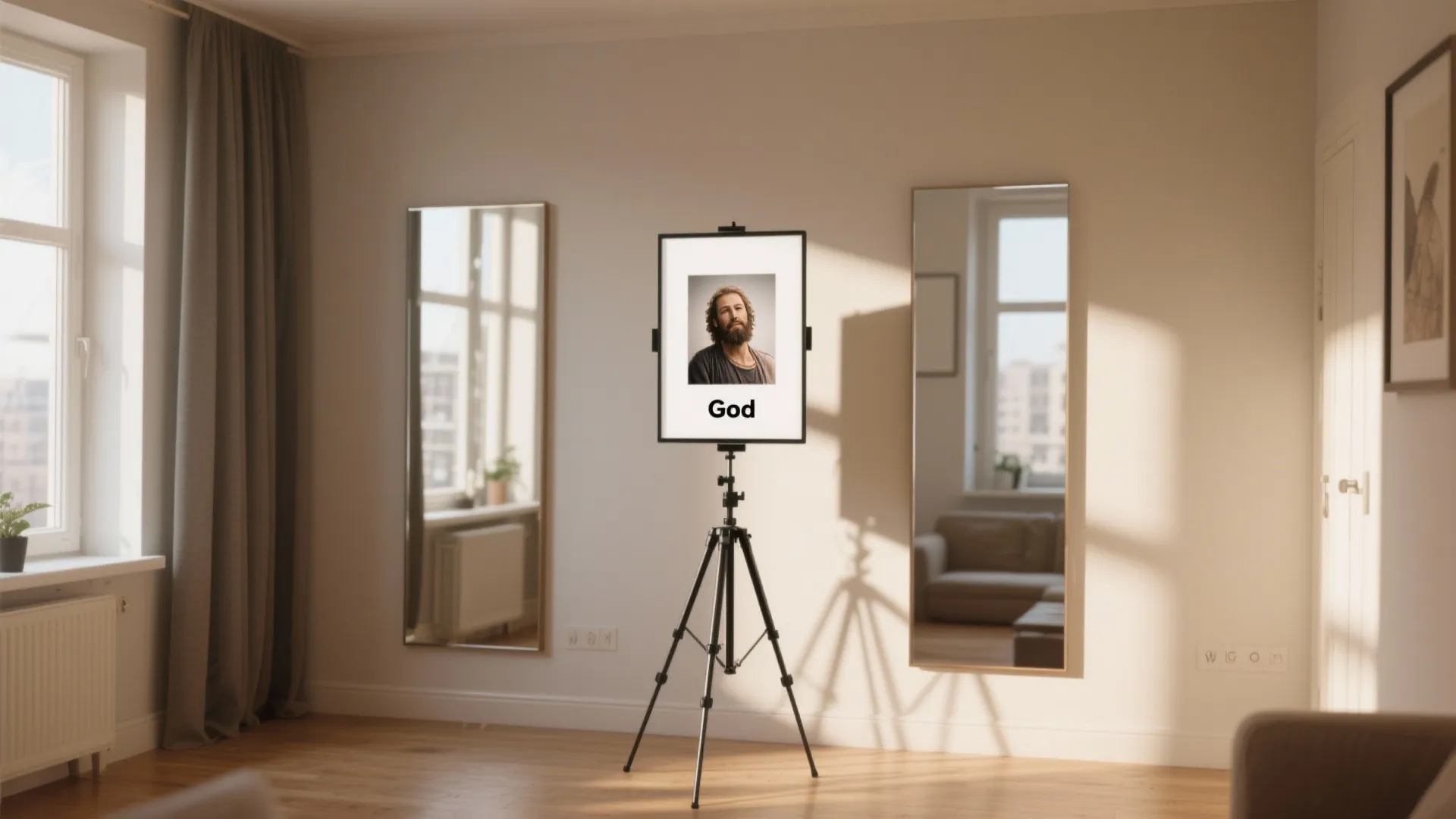 Modern room with wooden floor two tall mirrors and a picture displayed on tripod stand