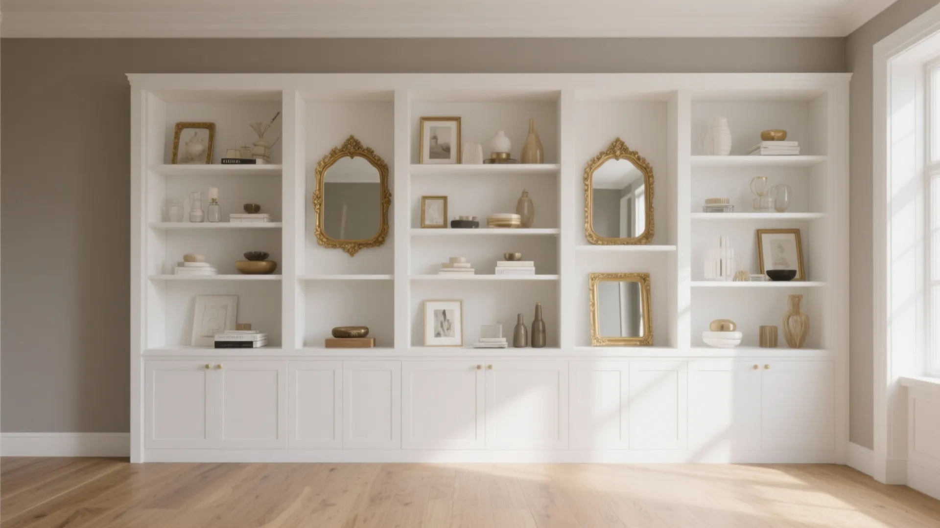 Large white wall cabinet with gold mirrors and small decor items on open wood shelves