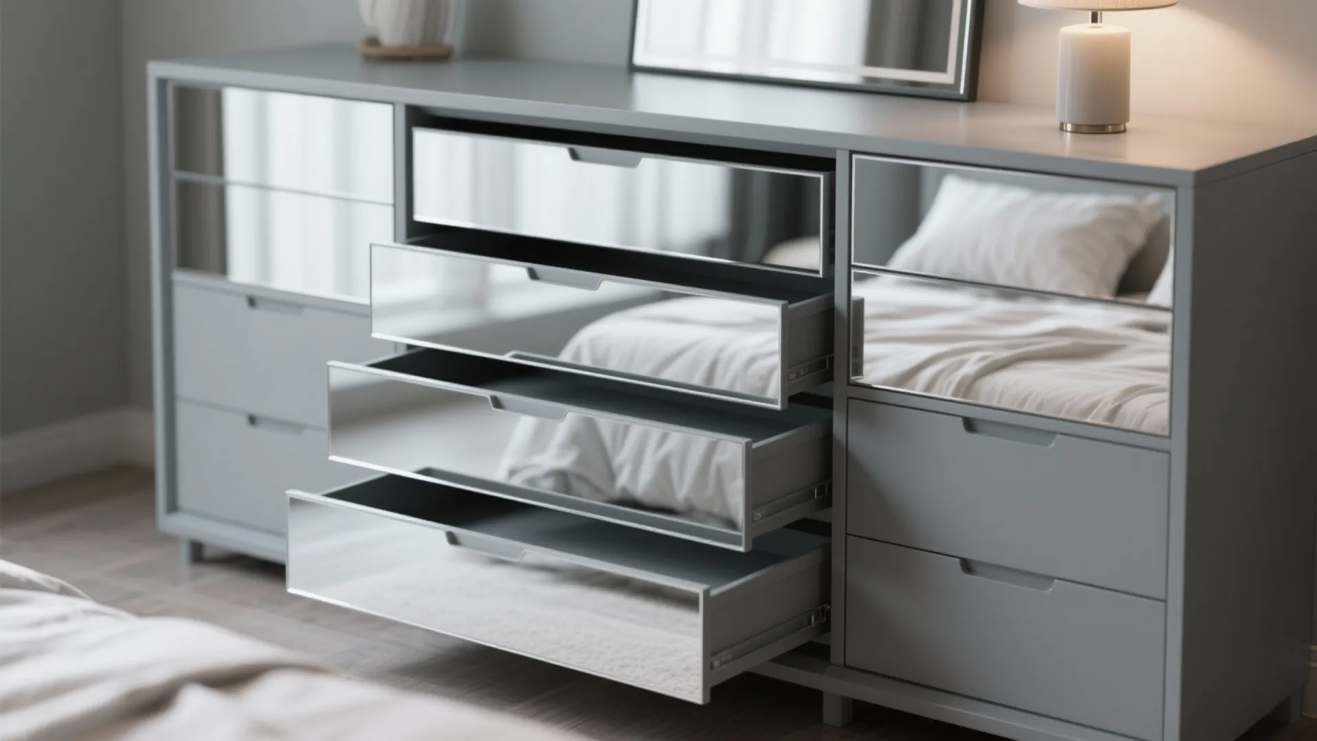 Close-up of mirrored drawer fronts on a grey dresser reflecting room light.