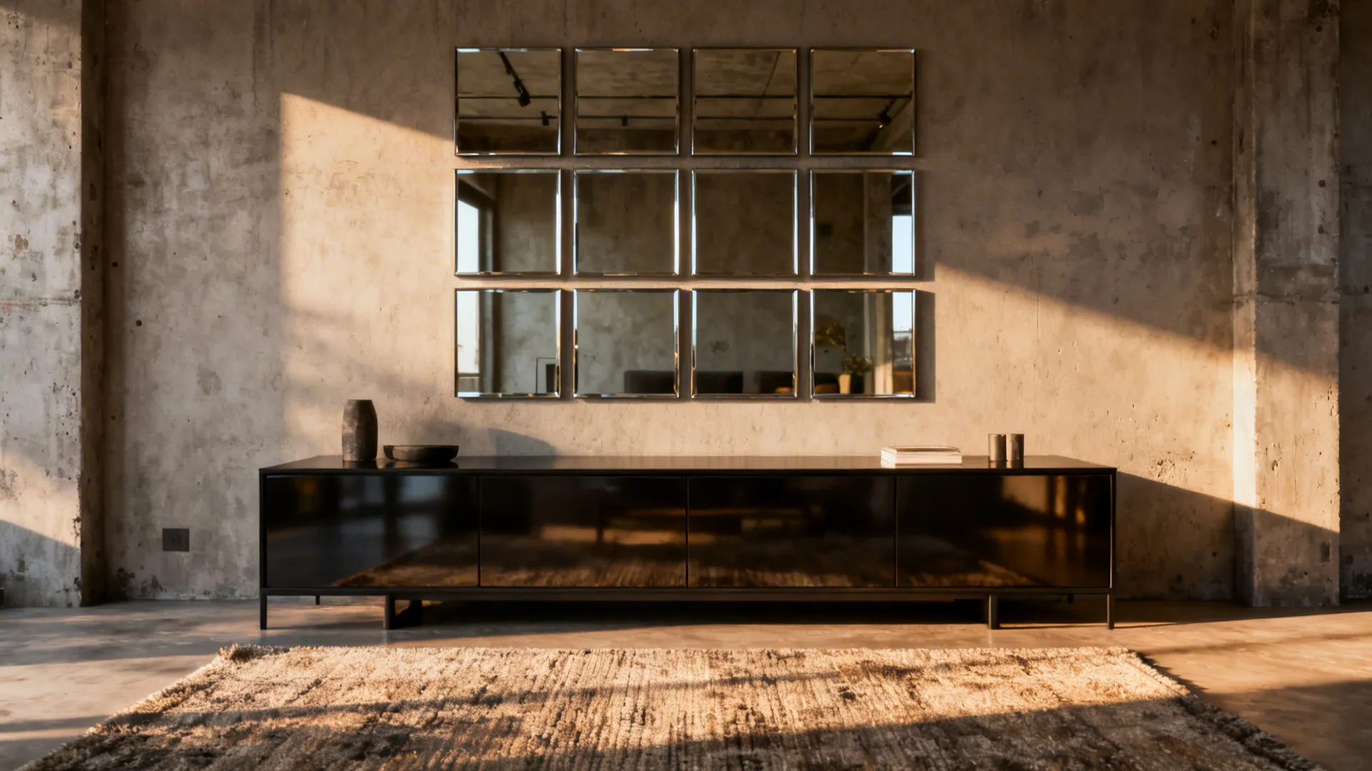 Grid of square mirrored panels above a low credenza in a modern living room.
