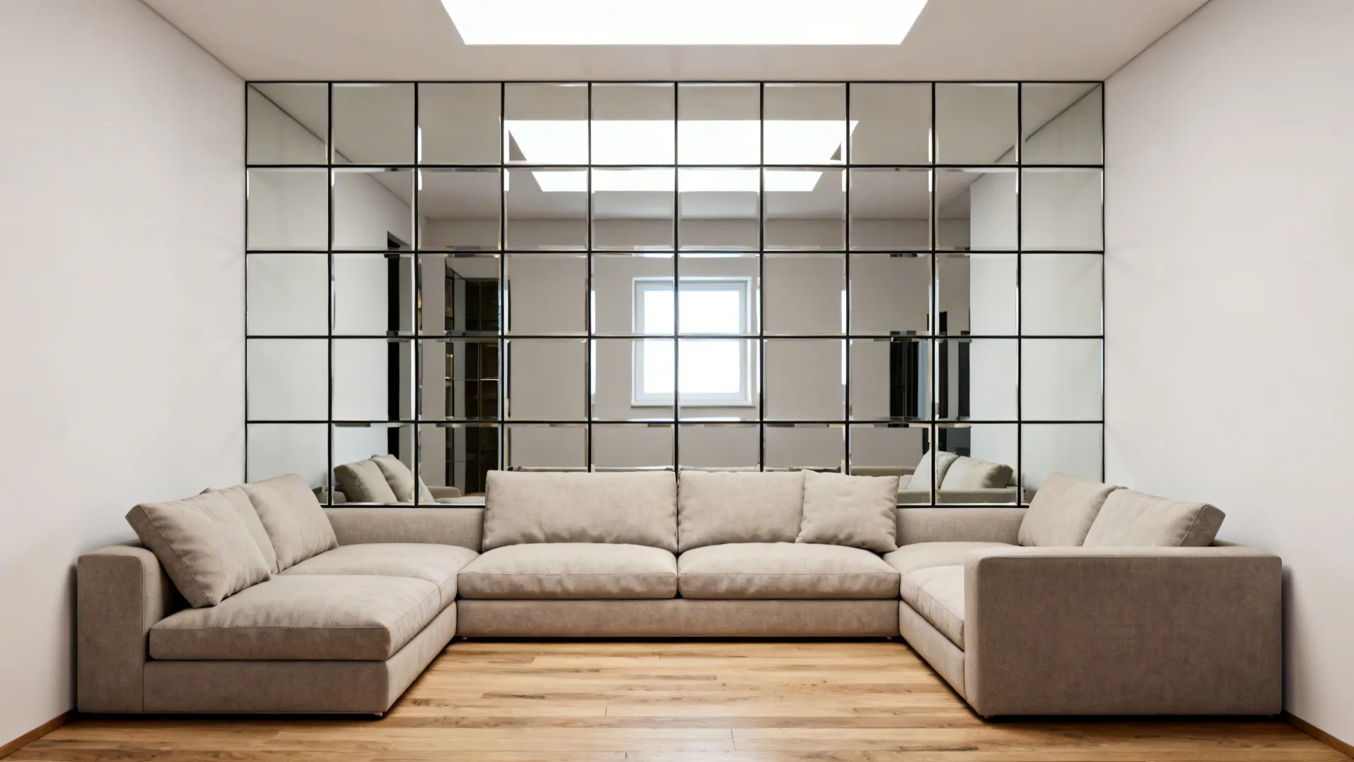 Grid of mirrored panels behind seating creating a gallery-like reflective wall that amplifies light.