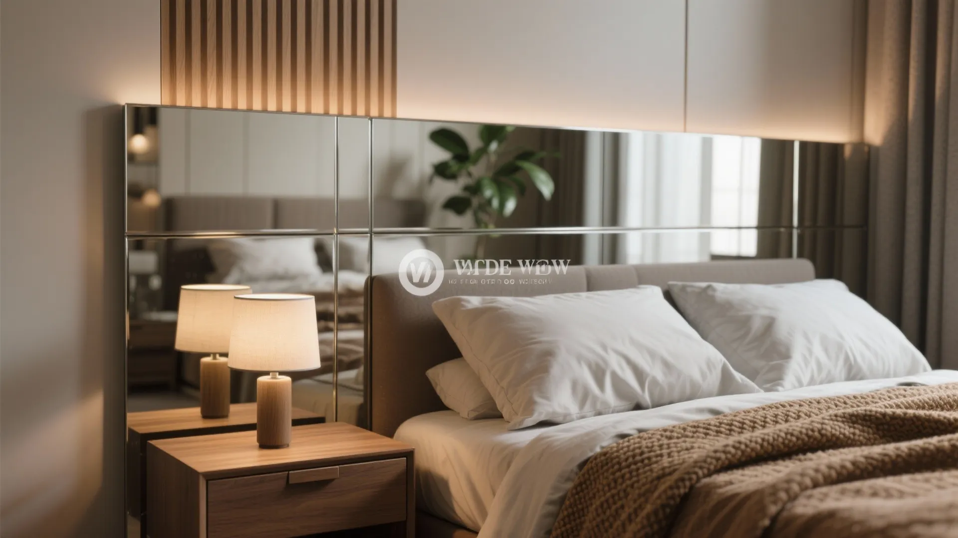 Modern bedroom with mirrored wall panel behind bed including nightstand lamp and soft white pillows