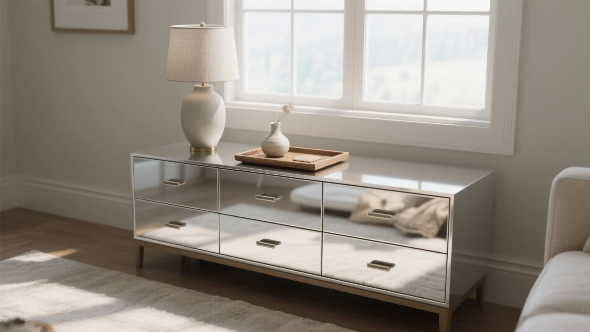 2) Mirrored or High-Gloss Chest to Brighten the Room