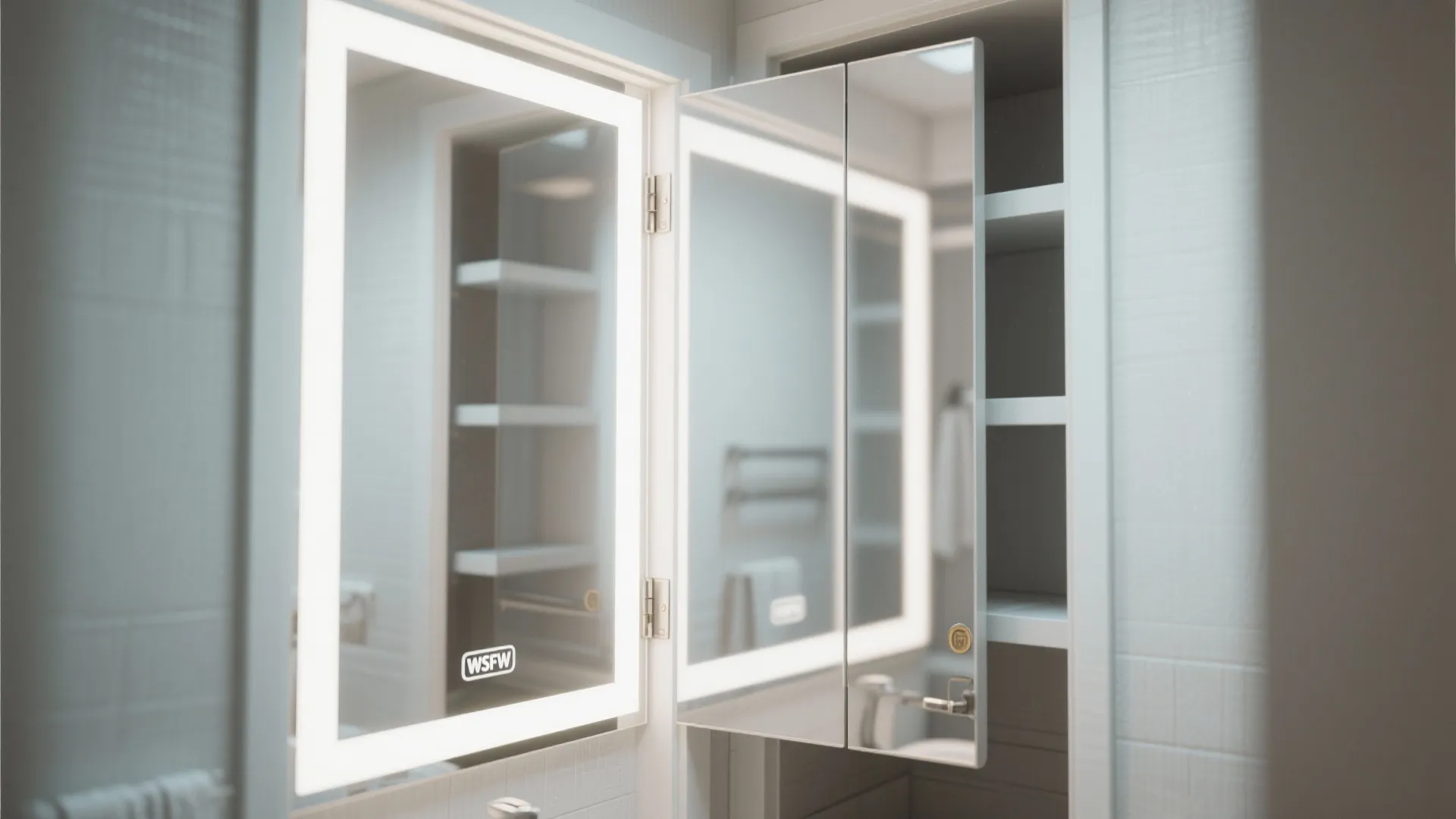 Modern bathroom cabinet with light fixture mirror showing interior storage shelves and white wall panels