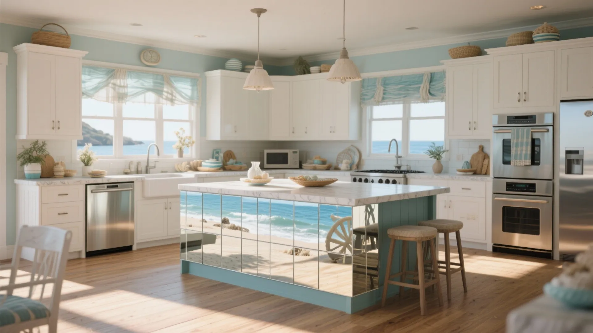 Beach style kitchen with blue walls white cabinets and a mirrored kitchen island reflecting sand