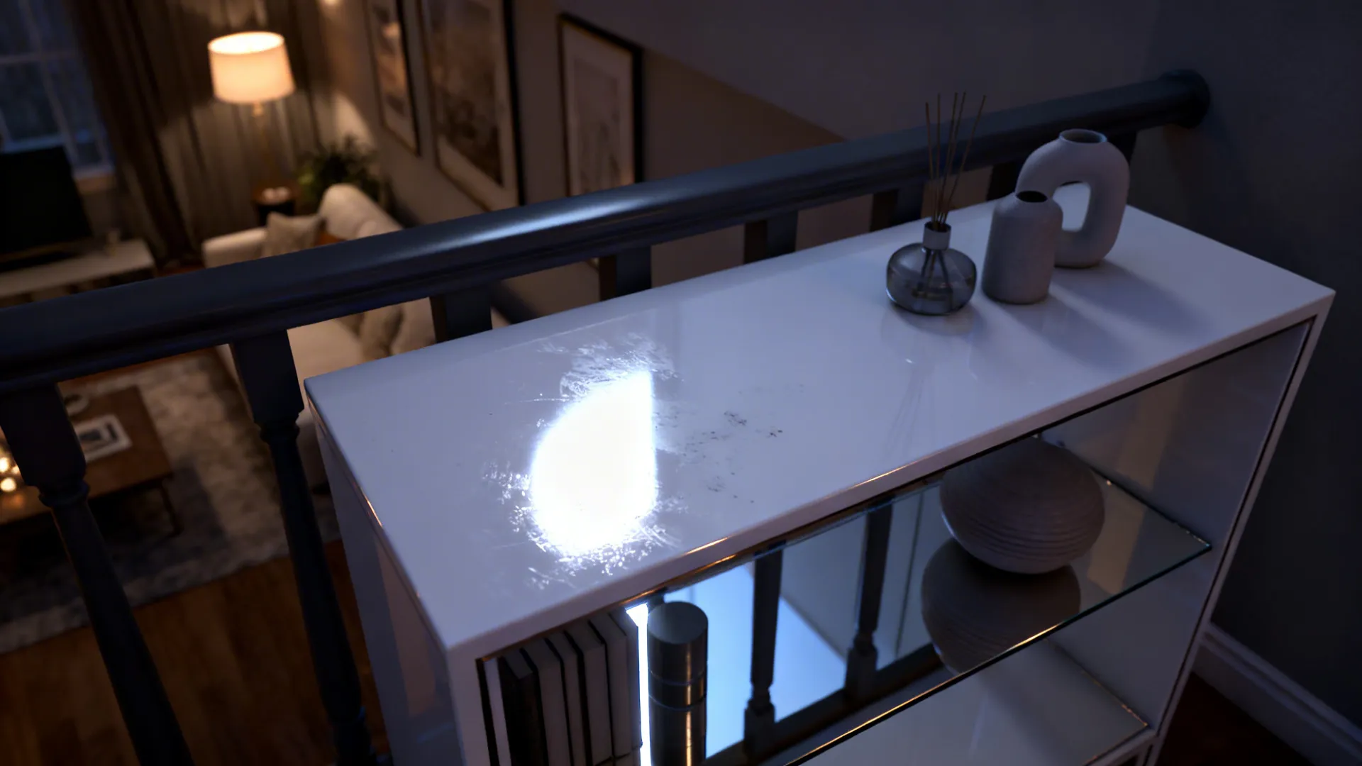 Glossy white lacquer side table with a mirrored shelf amplifying light in a dim room
