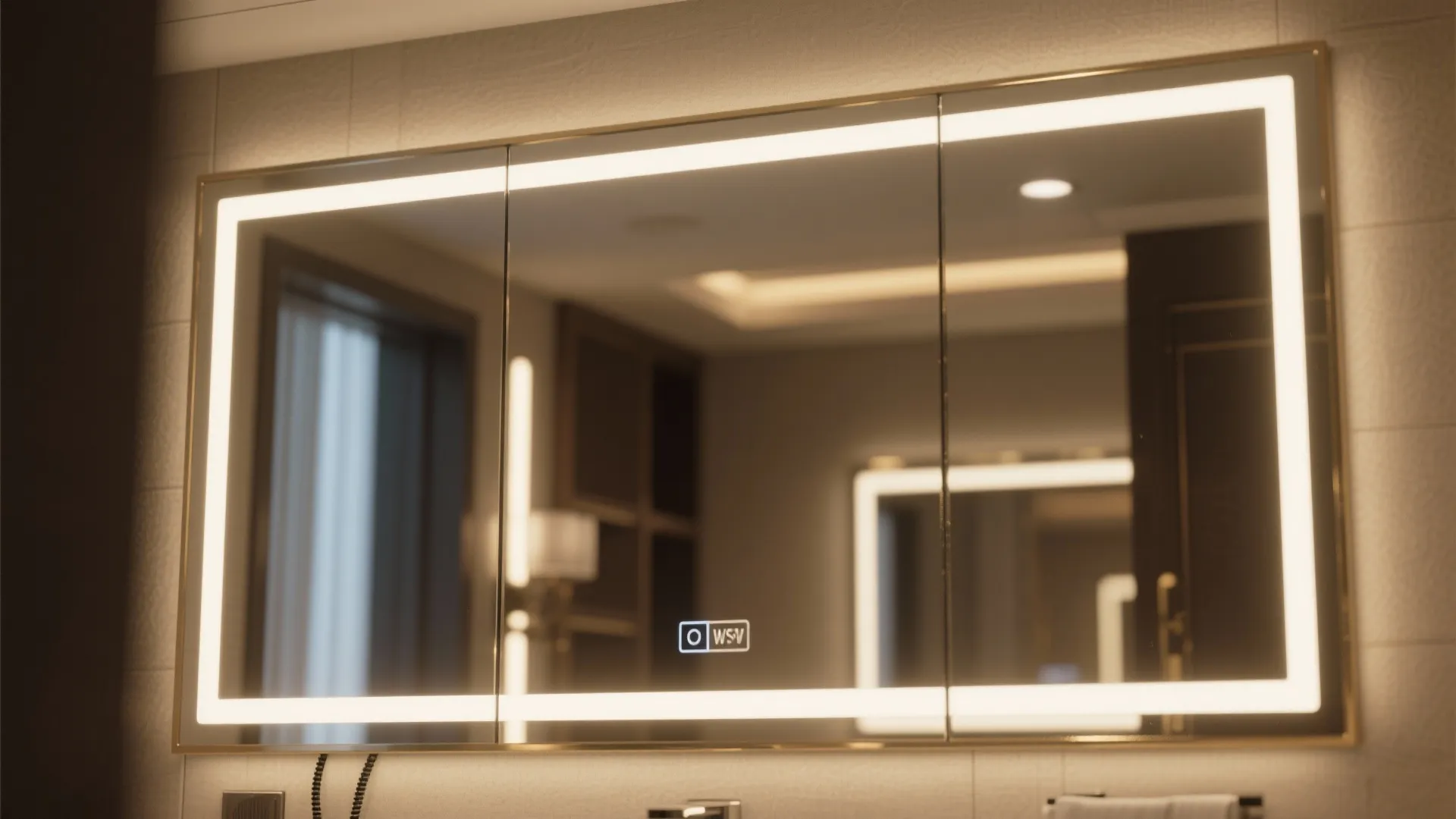 Modern bathroom mirror with built in led lights and a digital display on the glass