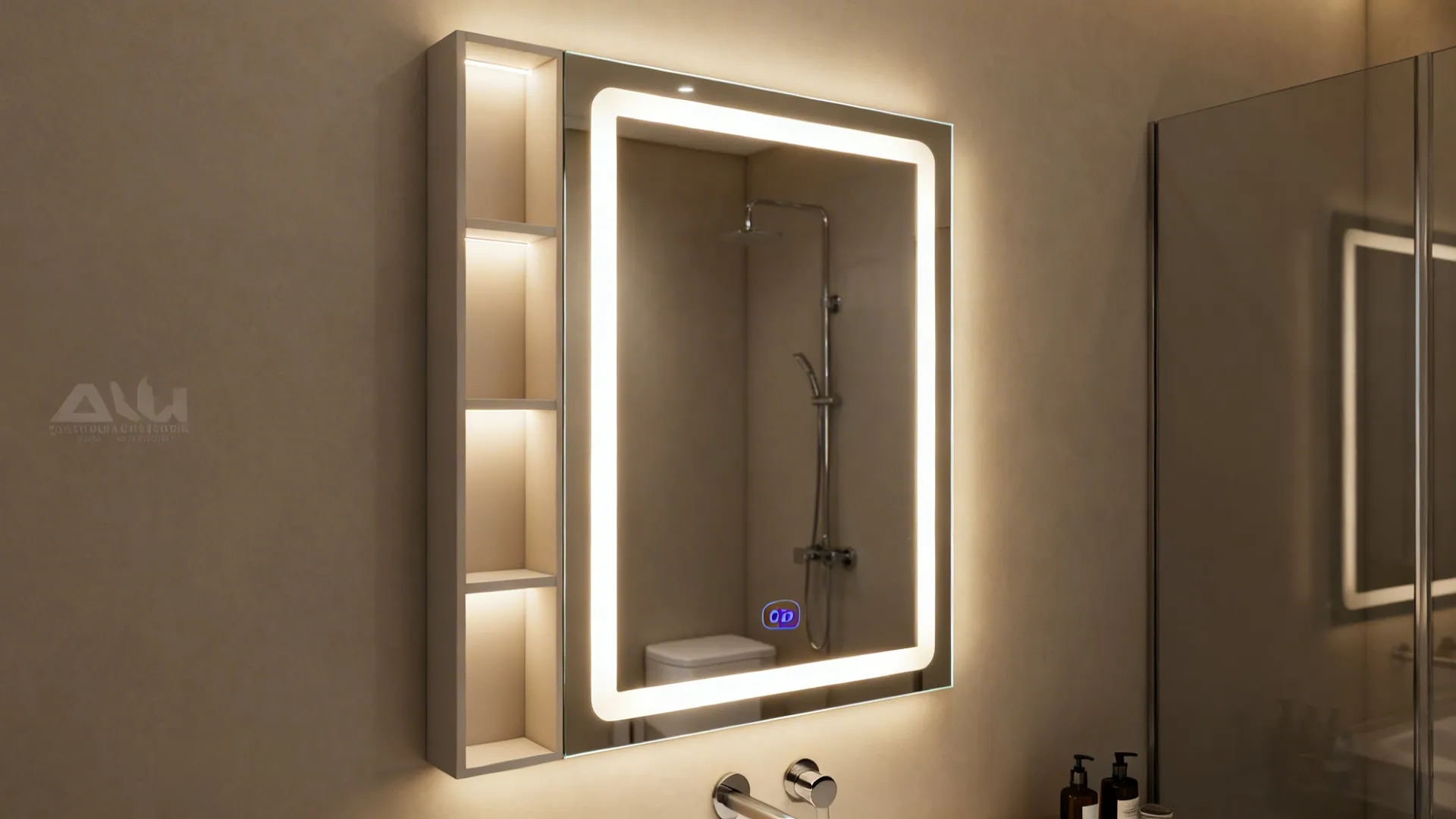 Mirrored cabinet with integrated dimmable LED lighting in a small bathroom providing storage and reflective light.