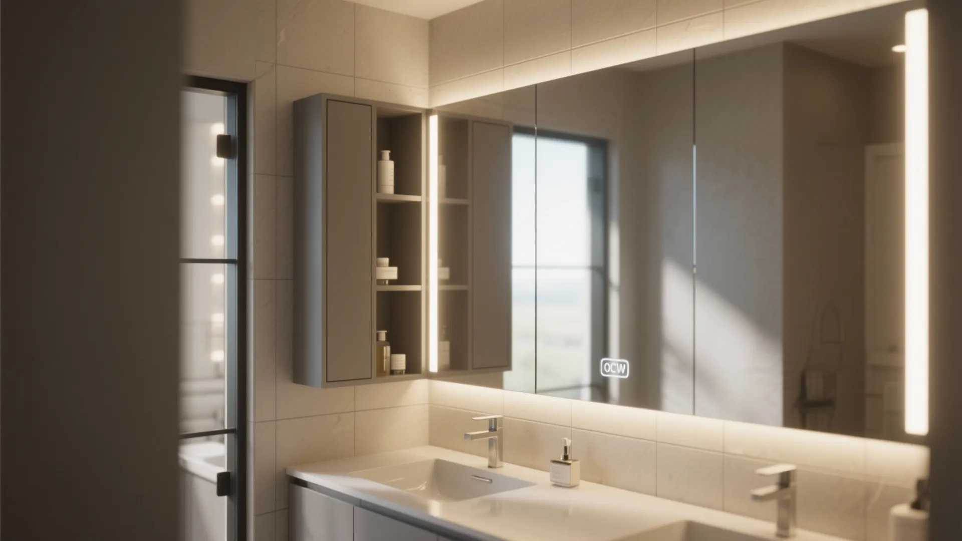 Modern bathroom with a large backlit mirror over a white vanity and gray storage cabinet