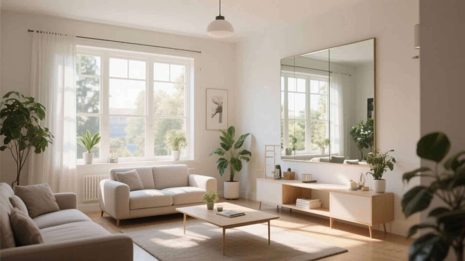 Bright living room with large wall mirror reflecting windows next to wooden table and plants