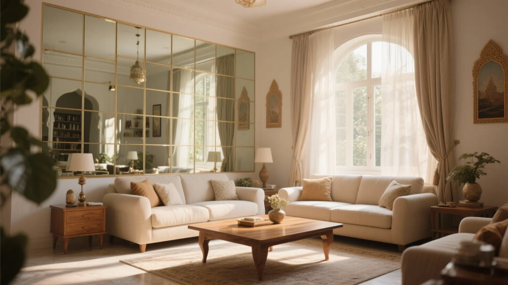 Mirrored wall panels in the living area