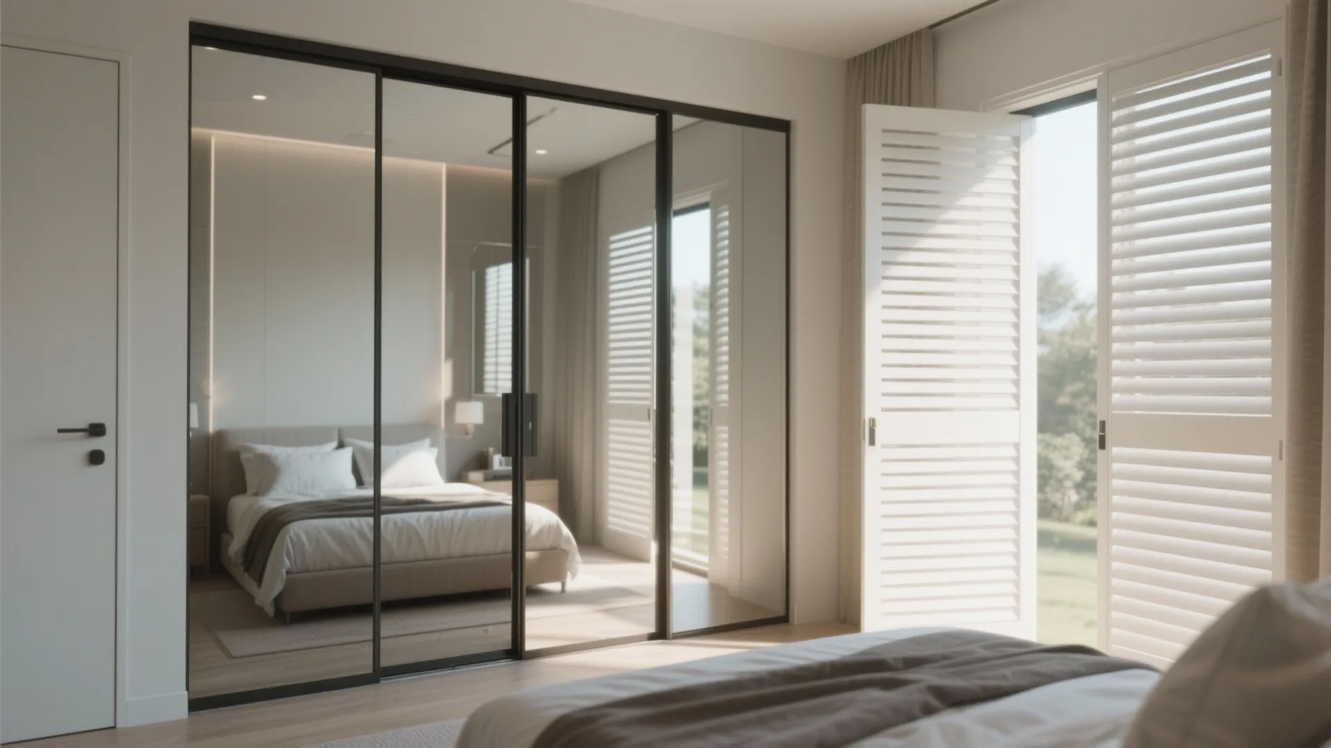 Modern bedroom featuring sliding mirror doors and white window shutters with bright natural sunlight indoors