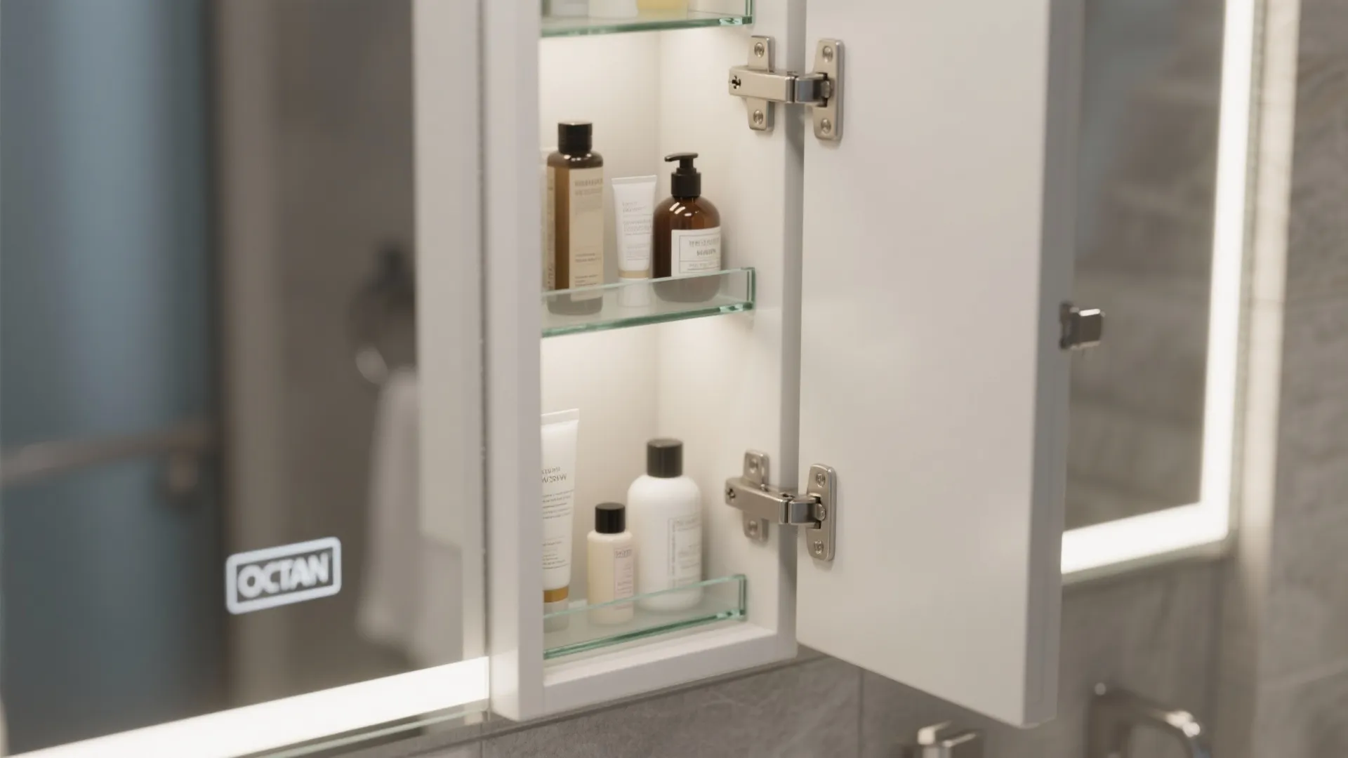 Open white mirrored wall cabinet with glass shelves holding various bathroom skin care product bottles