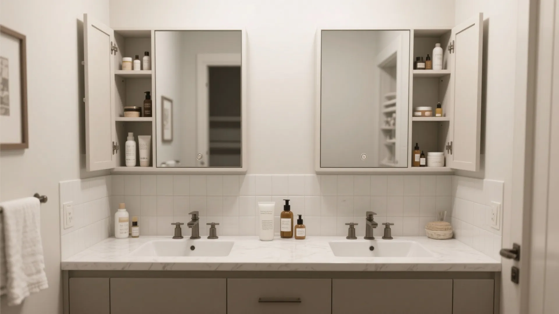 Modern bathroom vanity with two open mirrored cabinets and white marble countertop and double sinks