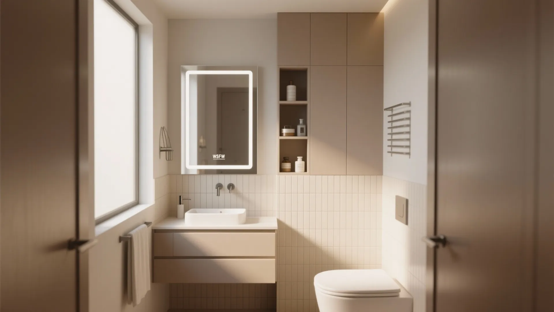 Small neutral bathroom with light mirror beige cabinet white toilet sink and natural light window