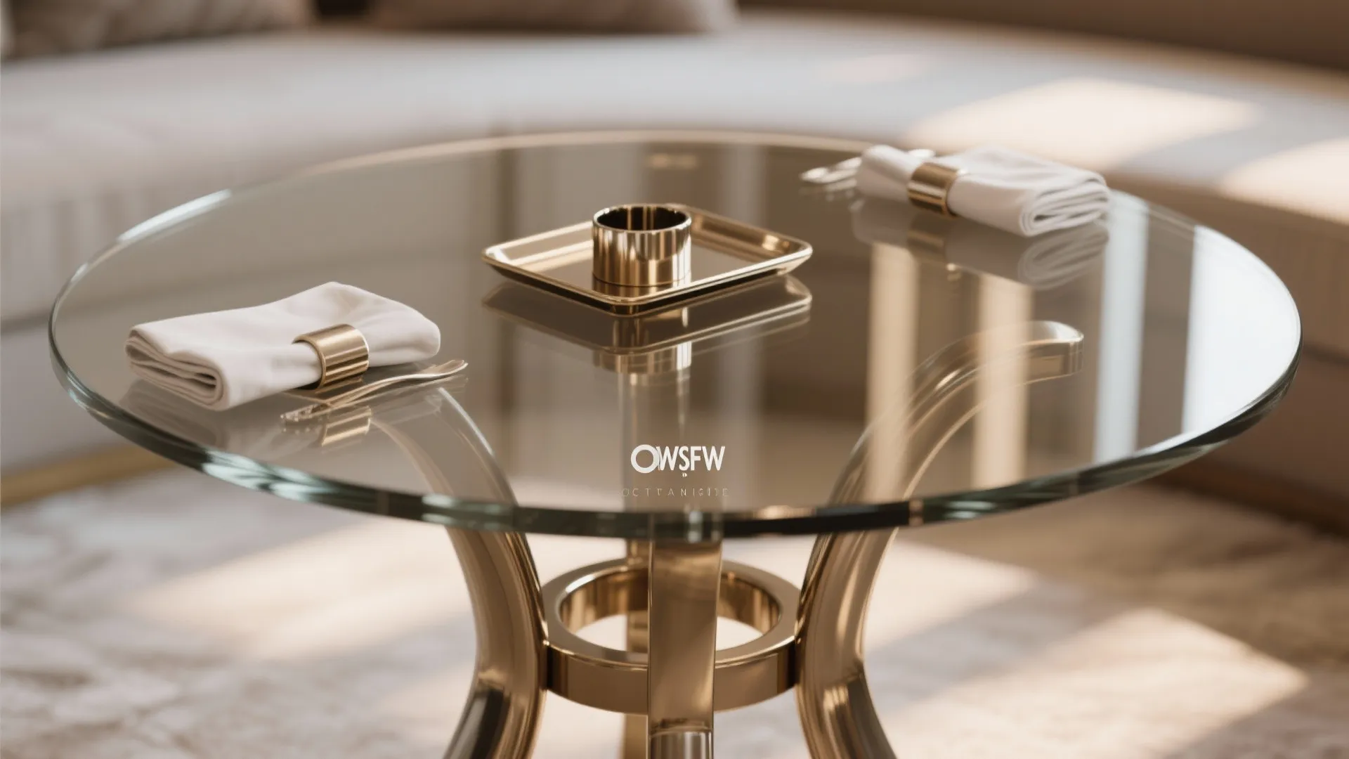 Modern round glass coffee table with gold legs and gold decorative tray and white napkins