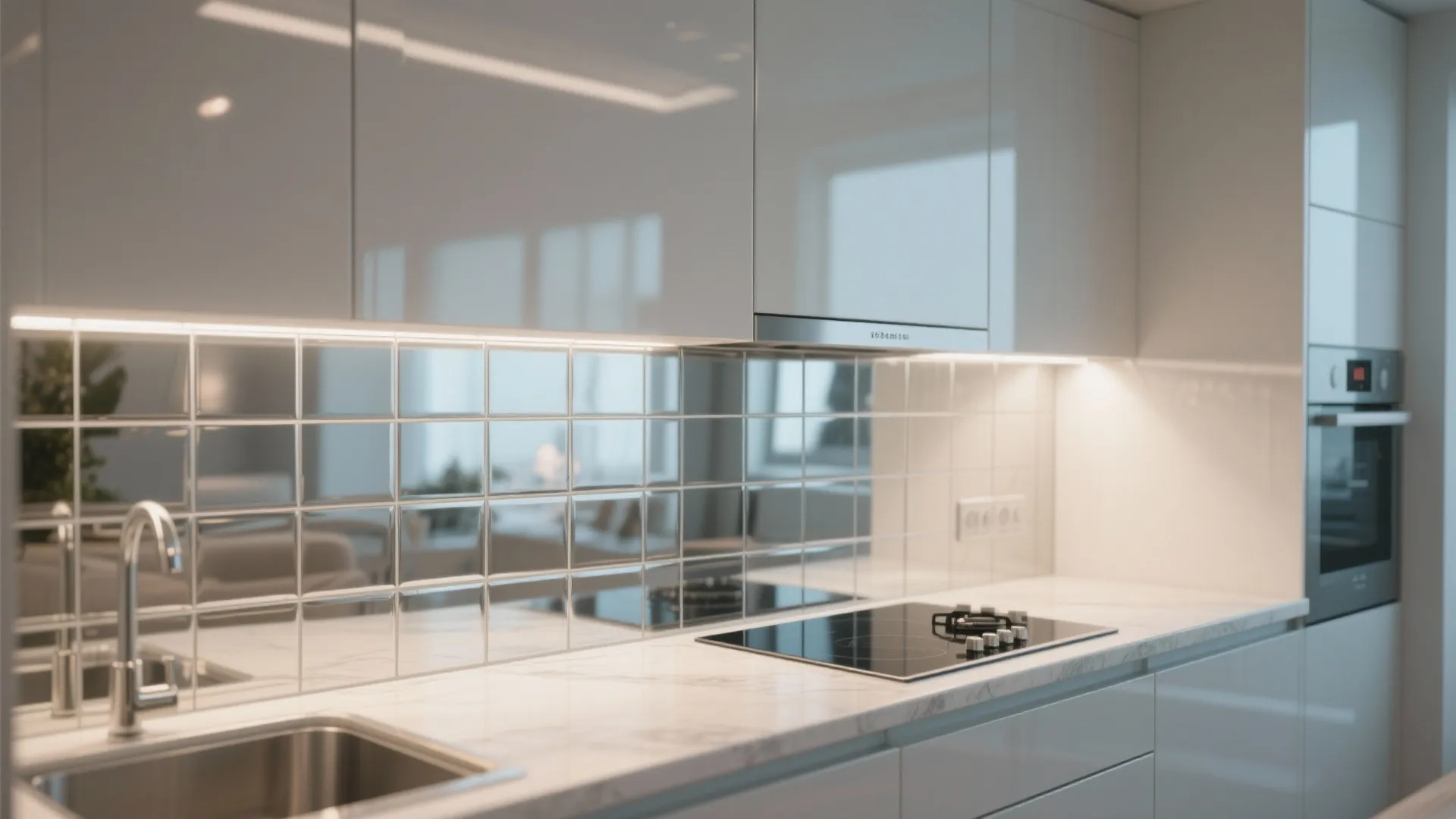 Modern white kitchen design with shiny silver square wall tiles and integrated light fixture under cabinets