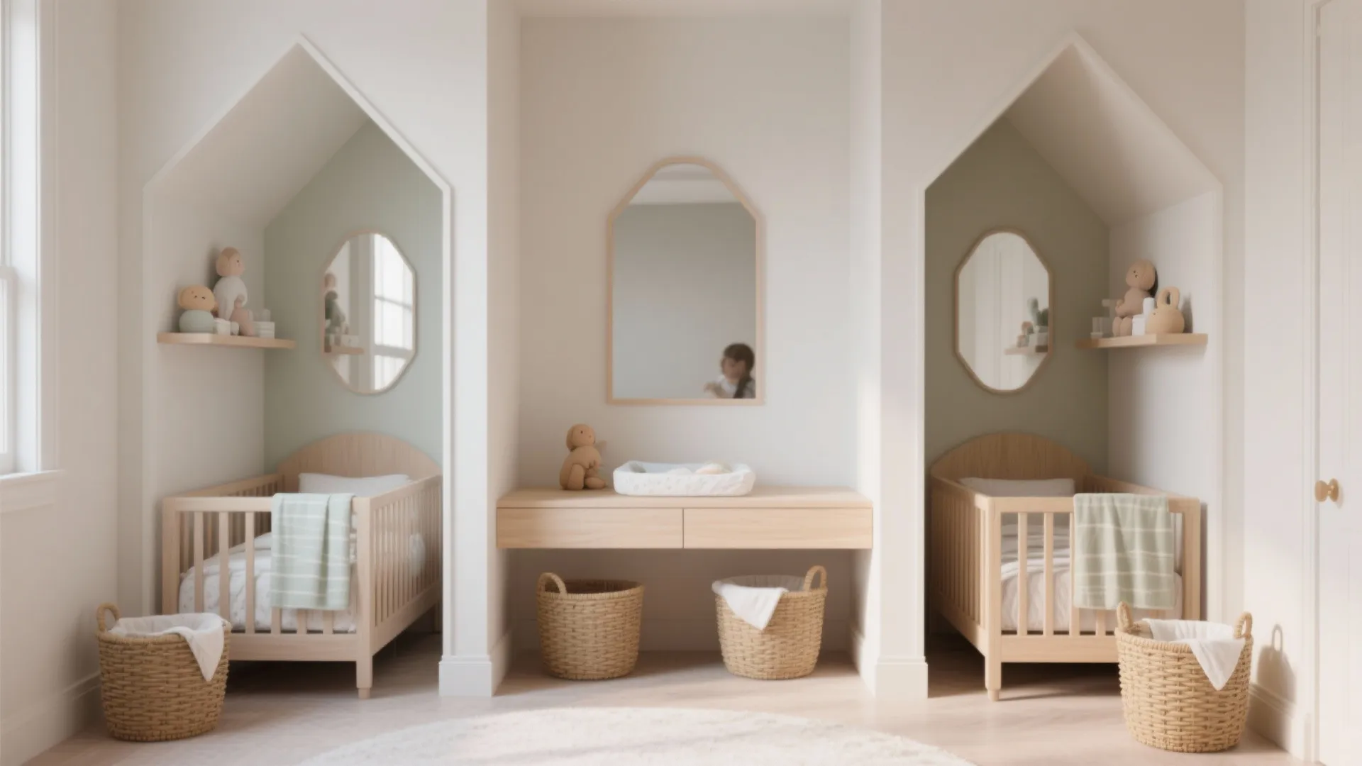 Symmetrical nursery design with two wooden cribs in wall nooks and a central wooden desk