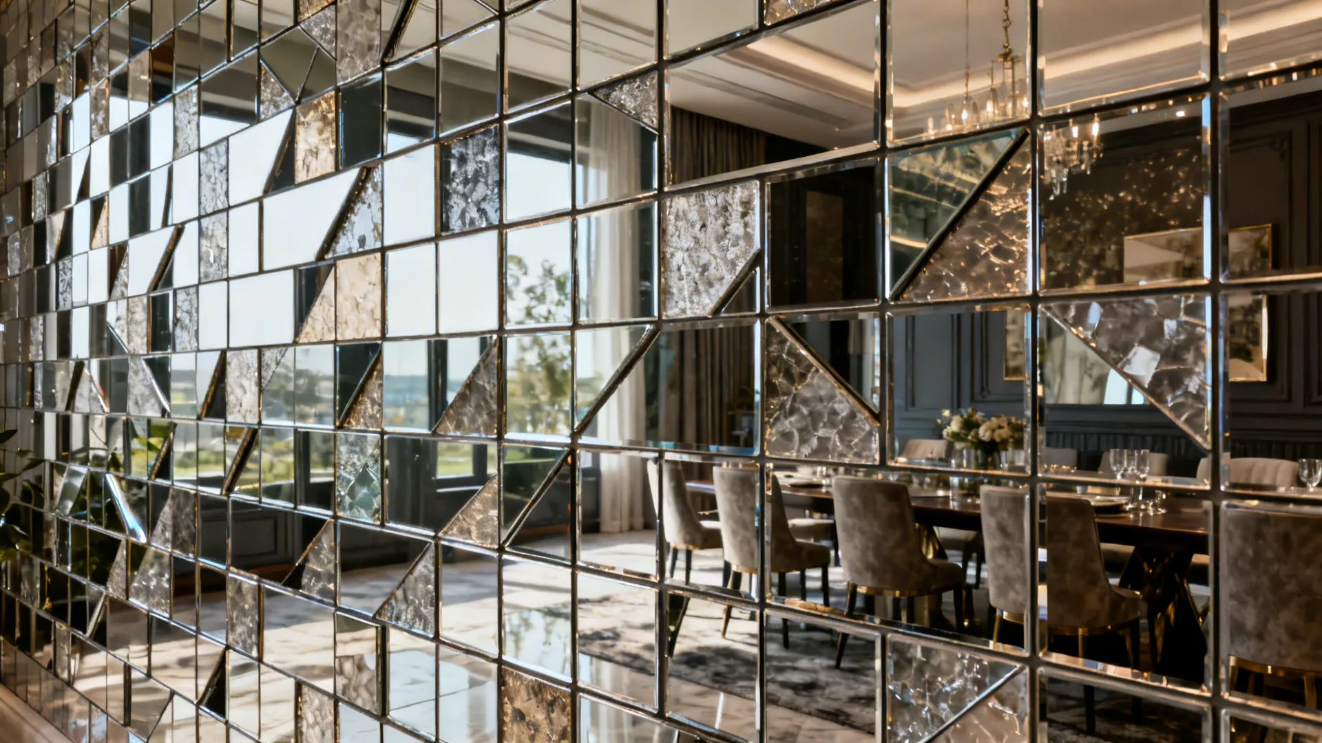 Mirrored wall mosaic of varied tiles creating layered reflections and dramatic texture